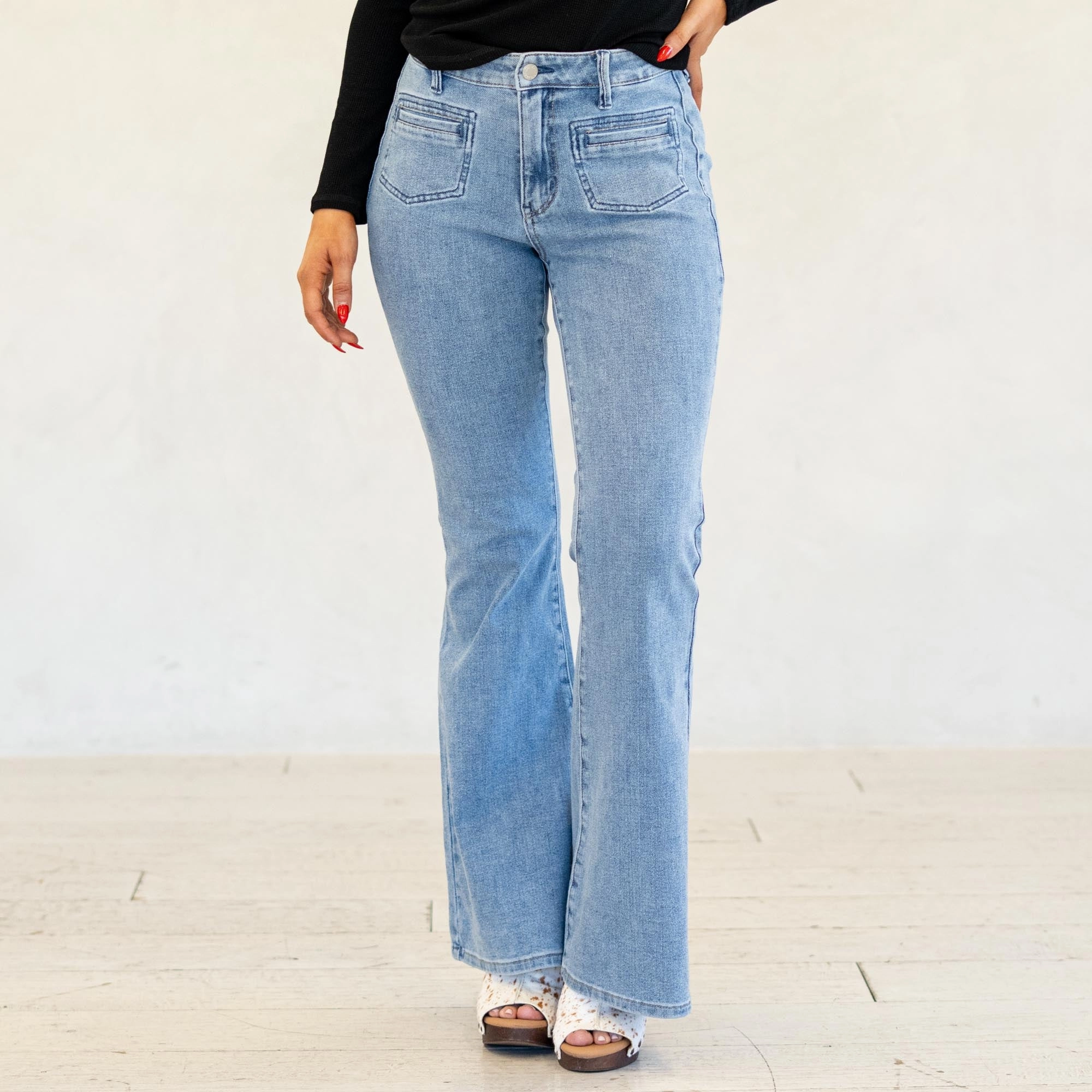 Spring Mood Brunch Outfit Formal Classic Item Judy Blue Starlet Flare Pocket Jean Jeans Regular & Plus Sizes