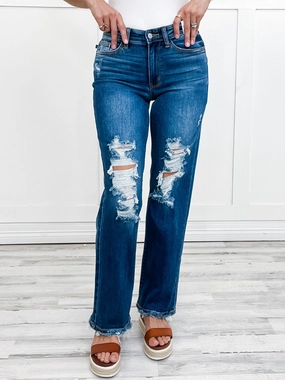 Judy Blue WEEKEND VIBES Mid-Rise Straight Leg Distressed Dad Jean Streetwear Fan Premium Unisex Wear Artist Vibe