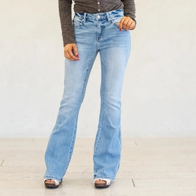 KanCan Azul Mid Rise Flare Jeans Light Blue Wash Relaxed Style Work Ready Outdoor Enthusiast Slim Cut