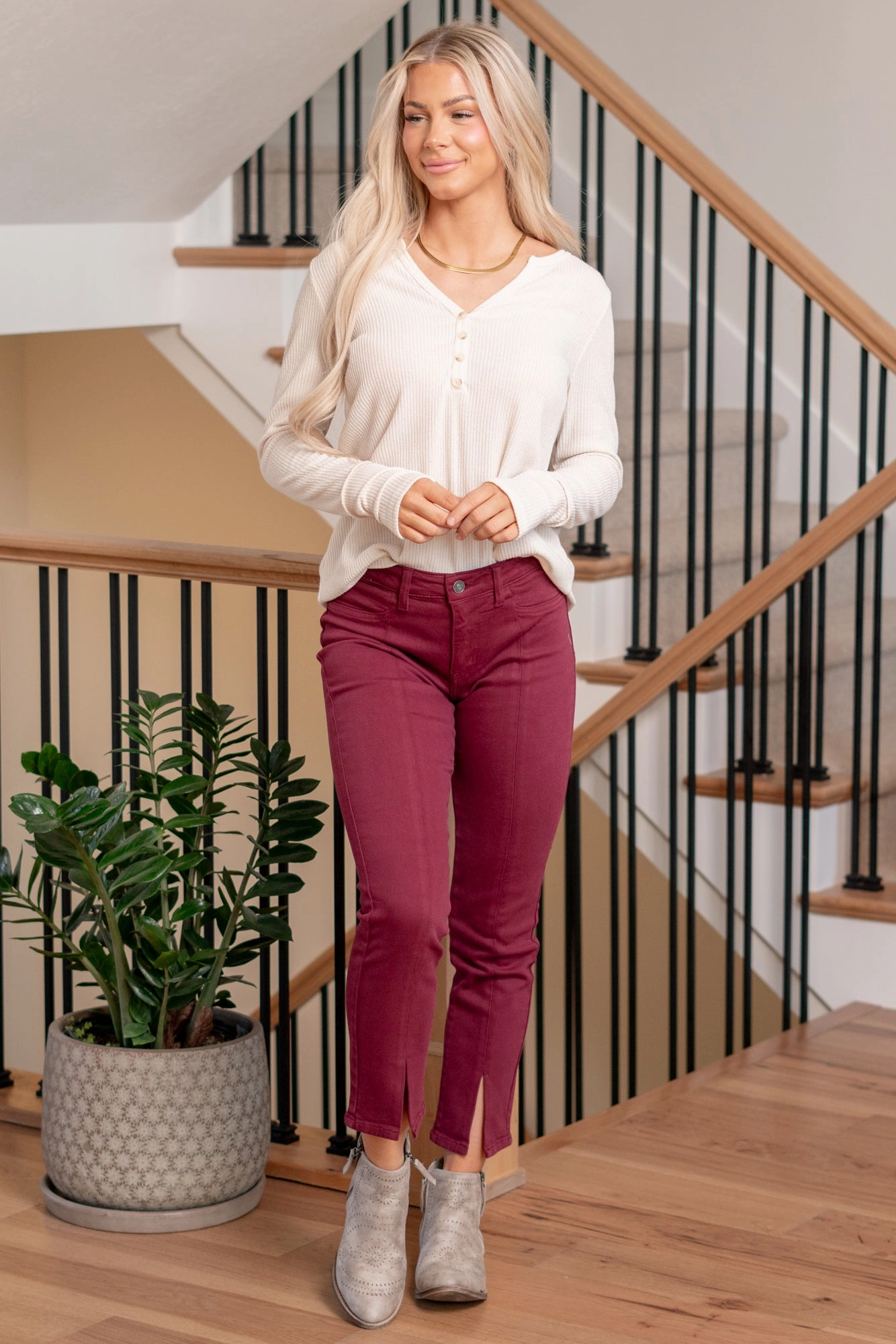 KanCan Belinda Mid Rise Skinny Straight Leg Jeans Burgundy Layered Look Holiday Vibes Athlete Fit