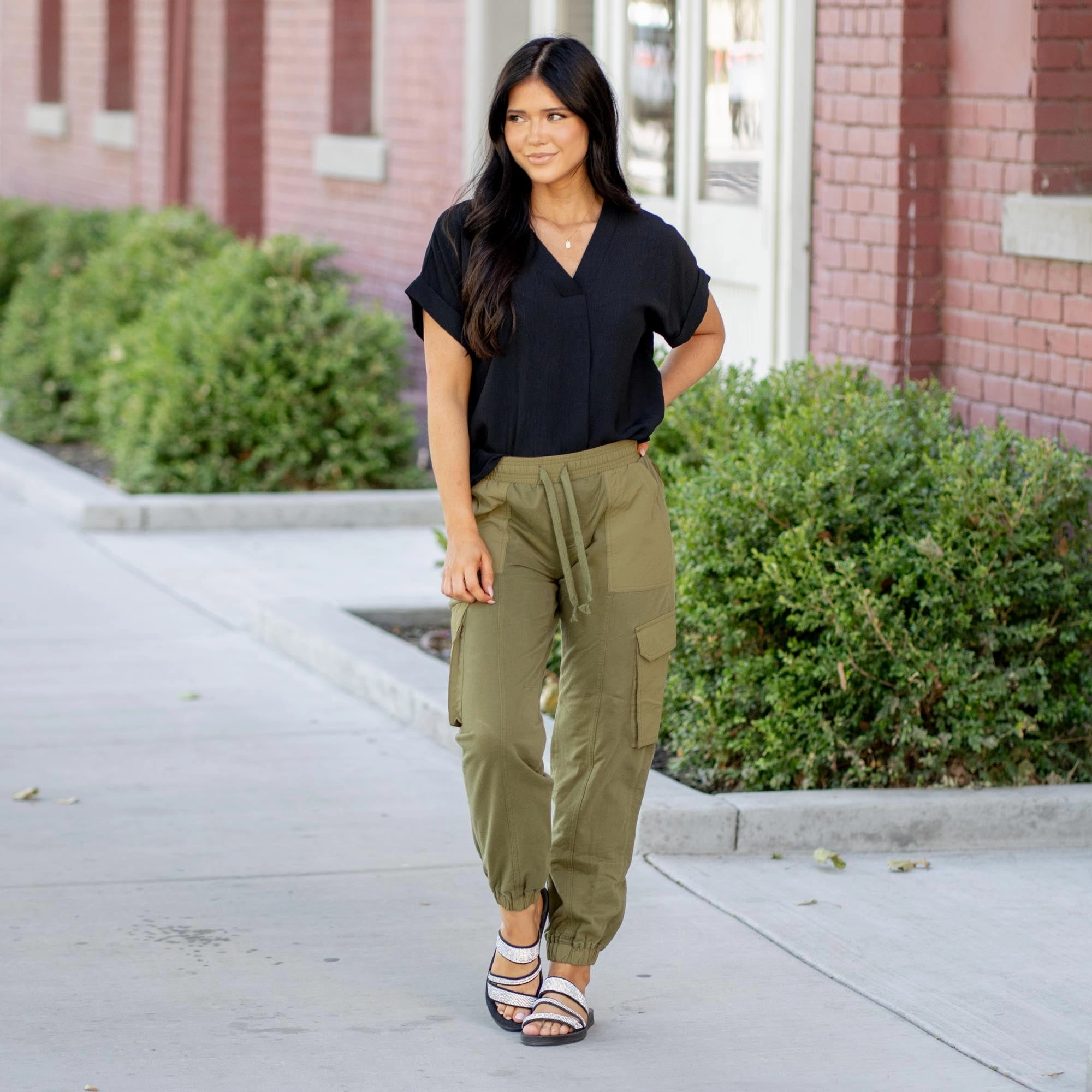 KanCan Jacie High Rise Color Block Knit Joggers ?C Olive Drawstring Waist Curved Seam Construction Cool Day Look