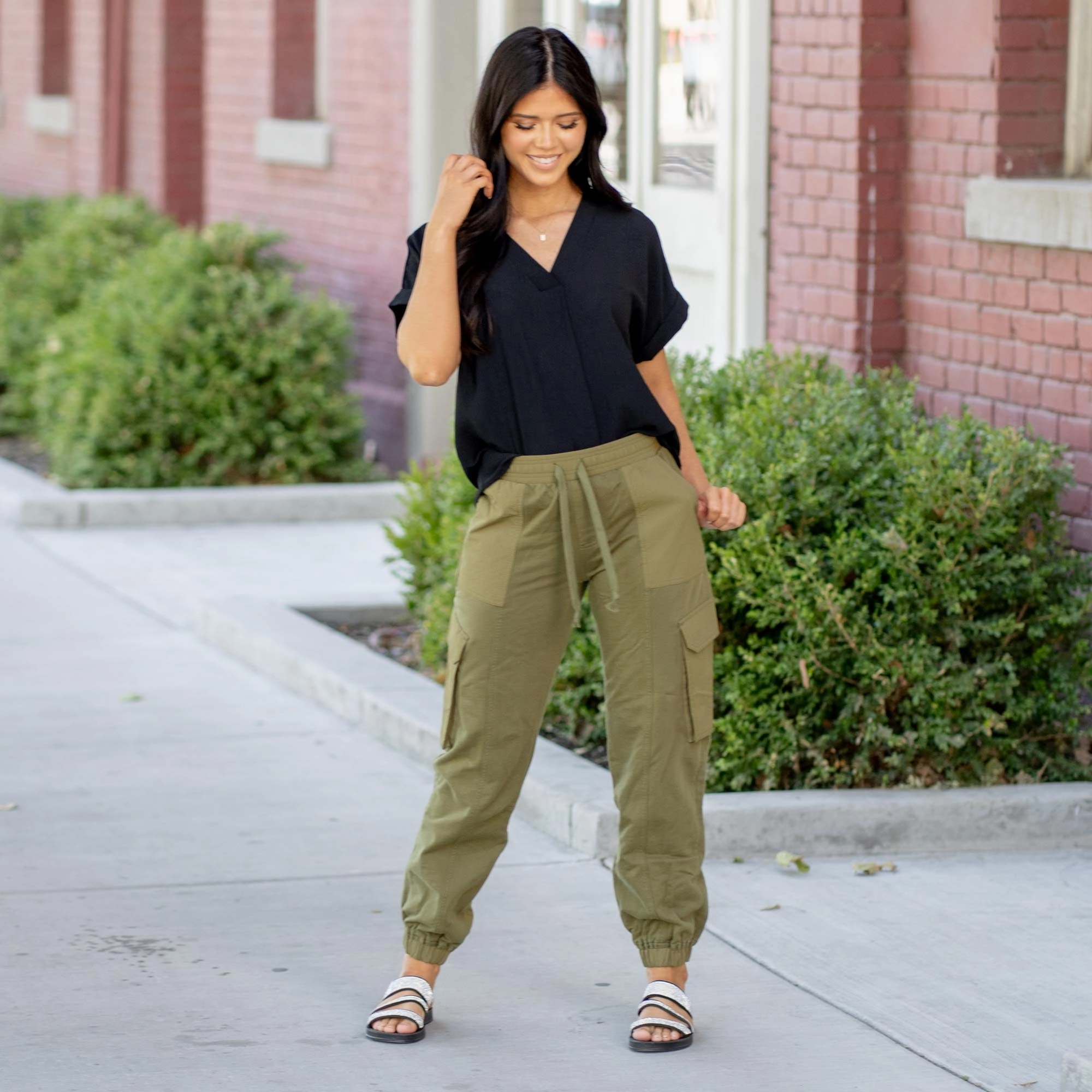 KanCan Jacie High Rise Color Block Knit Joggers ?C Olive Drawstring Waist Streetwear Fan Minimalist Style