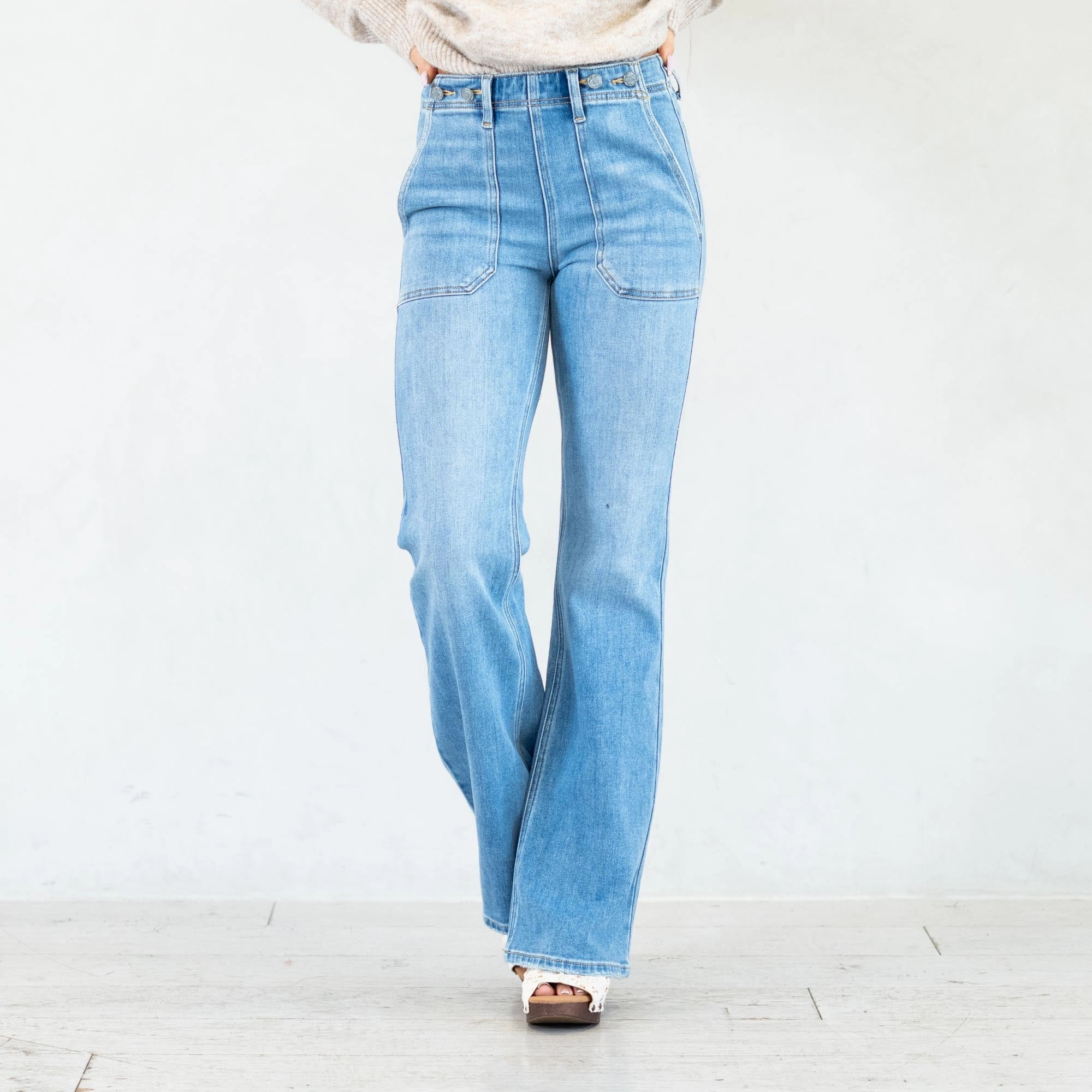 Comfy Touch Water Efficient Wash Process KanCan Jane High Rise Wide Flare Jeans Medium Blue Wash