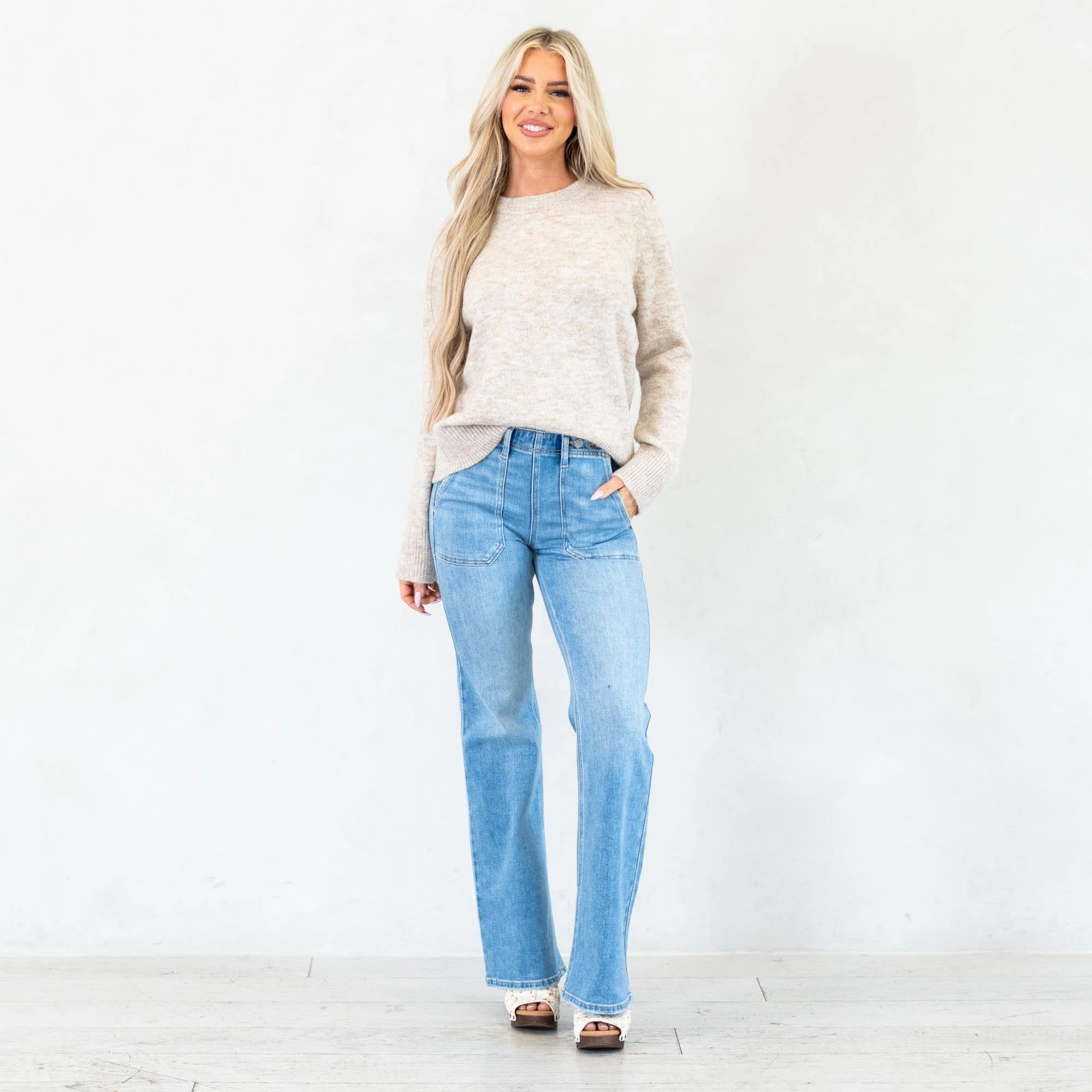 Soft Aesthetic Tailored Comfort KanCan Jane High Rise Wide Flare Jeans Medium Blue Wash