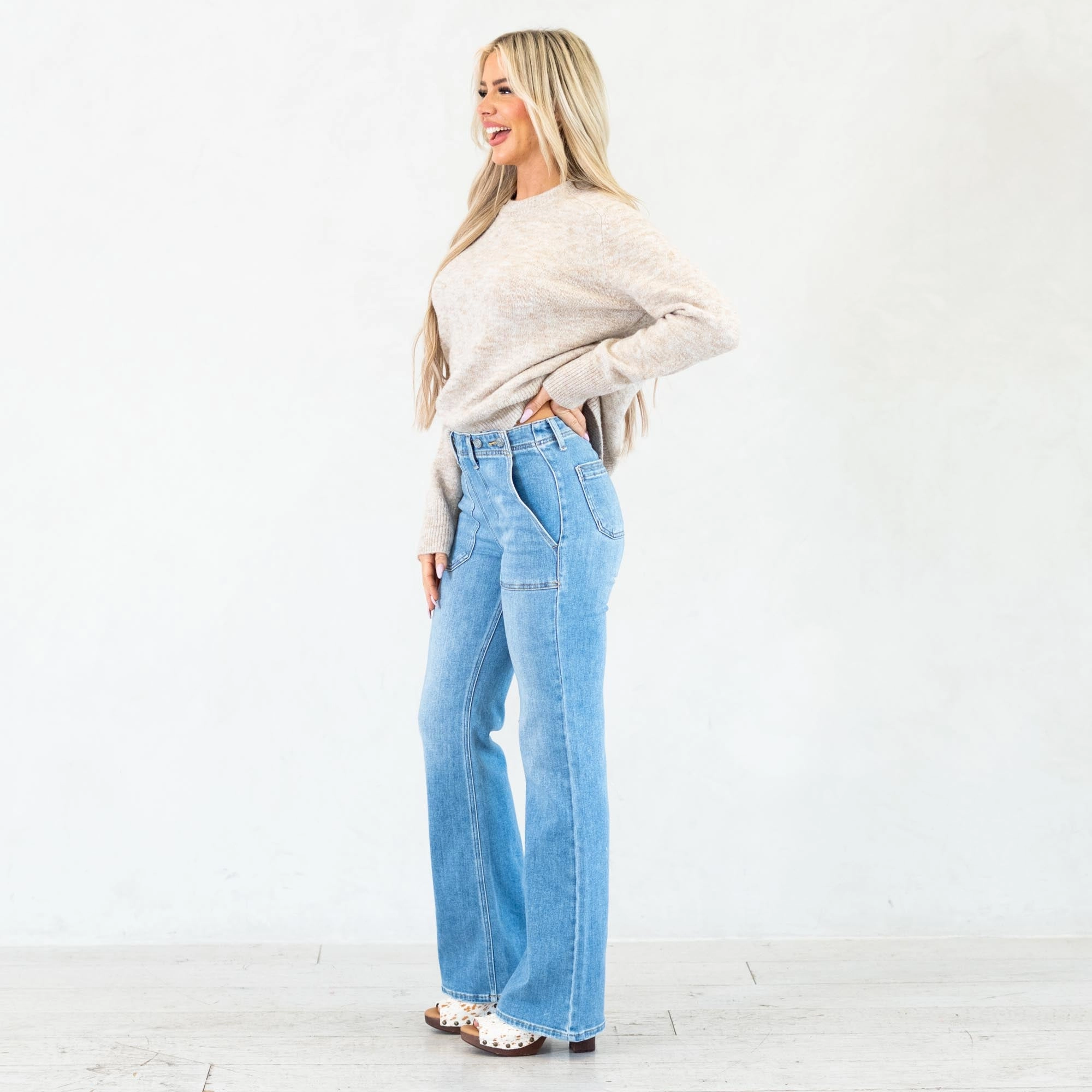 All Round Piece KanCan Jane High Rise Wide Flare Jeans Medium Blue Wash