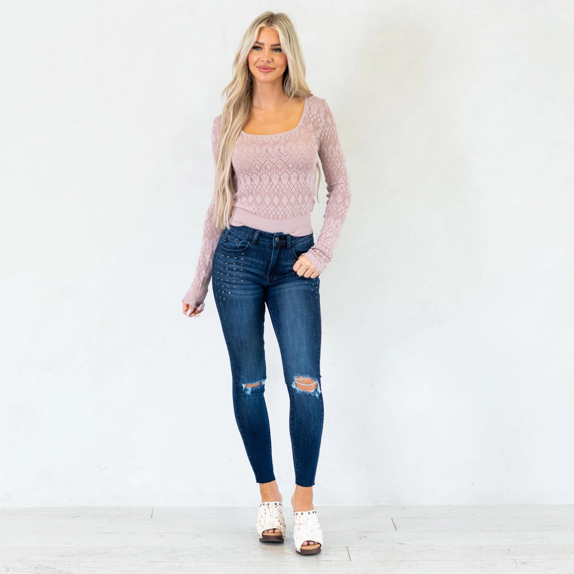 Luxury Minimalist Quality Wear KanCan Kate Studded Mid Rise Ankle Skinny Dark Blue Wash