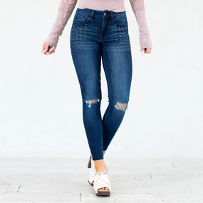 KanCan Kate Studded Mid Rise Ankle Skinny Dark Blue Wash Everyday Confidence