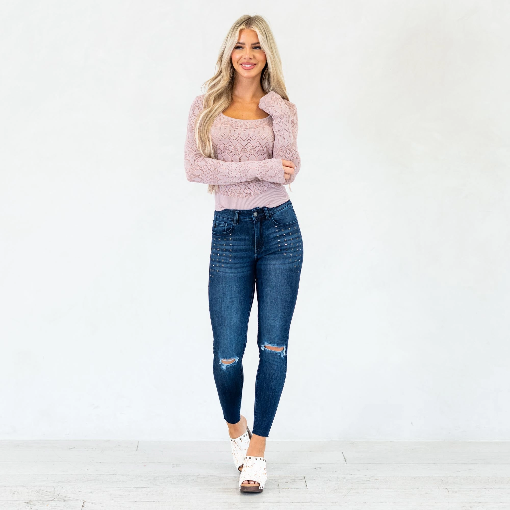 Everyday Pick Sleek Silhouette KanCan Kate Studded Mid Rise Ankle Skinny Dark Blue Wash