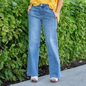 KanCan Kenya High Rise Wide Leg Flare Medium Blue Wash Weekend Ready