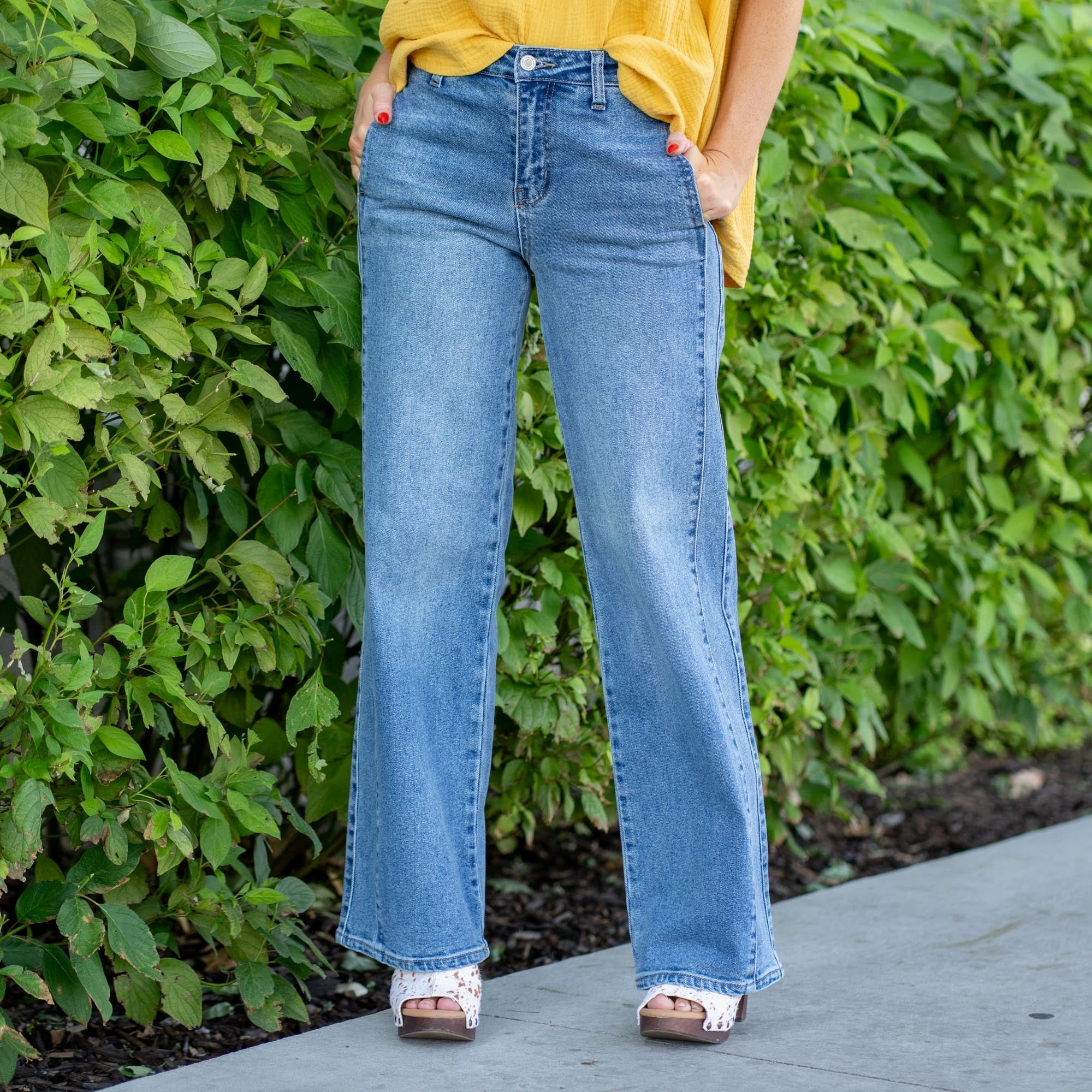 KanCan Kenya High Rise Wide Leg Flare Medium Blue Wash Weekend Ready