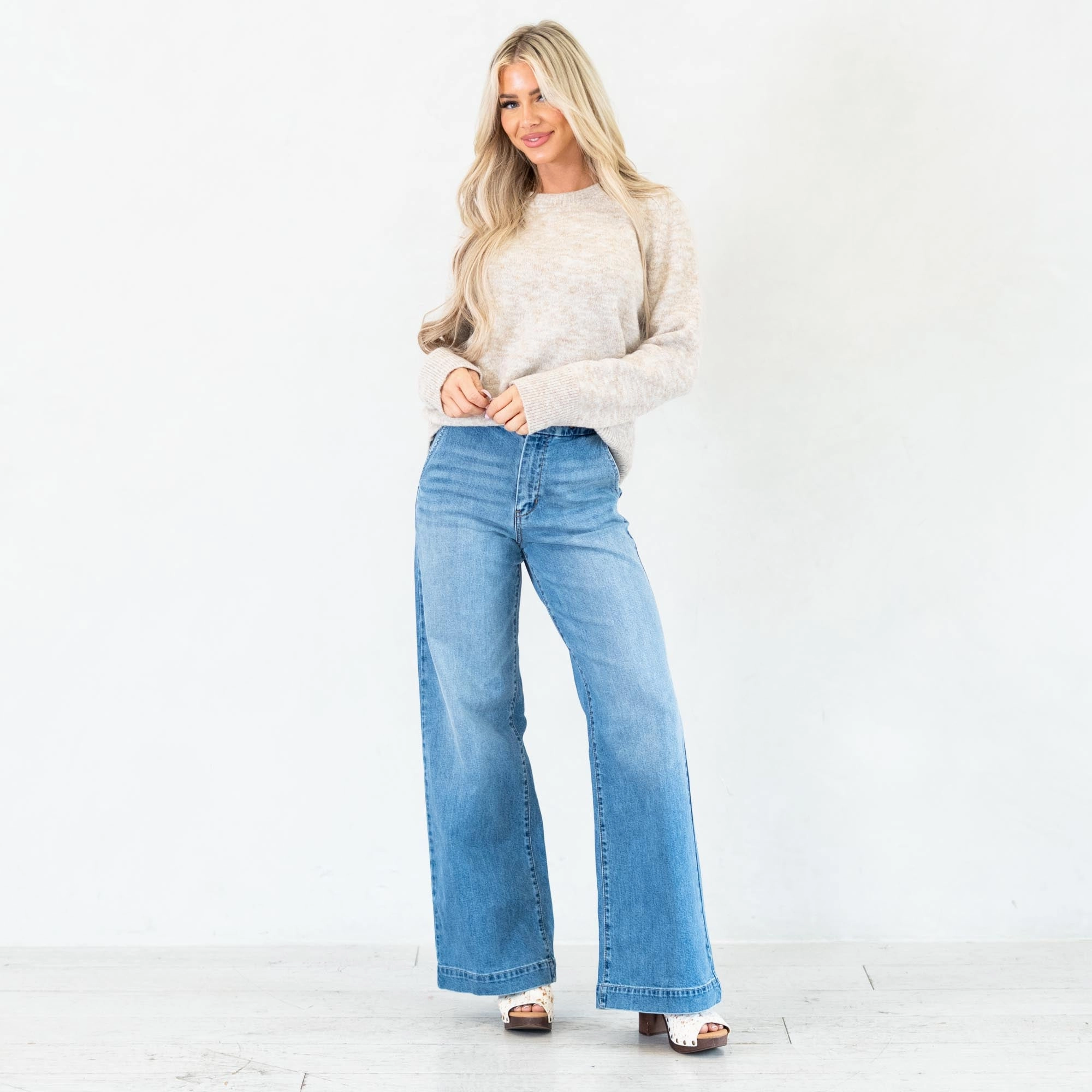 KanCan Marnie Ultra High Rise Wide Leg Trousers Medium Blue Wash Brunch Outfit Trend Setter