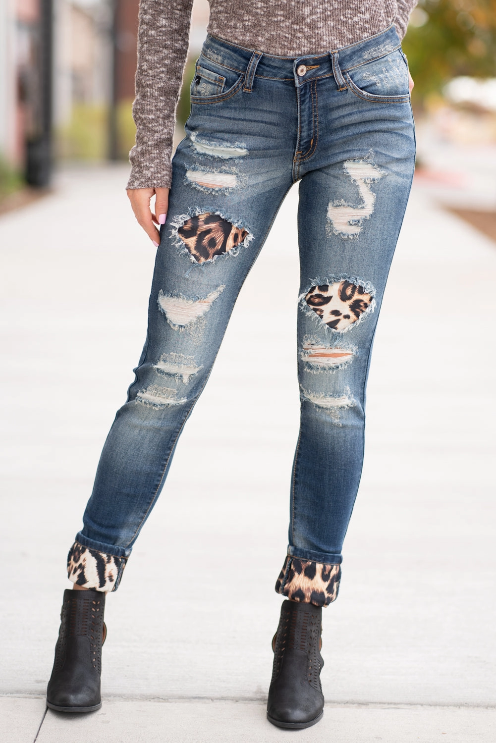 KanCan Mason Mid Rise Leopard Patch Skinny Jeans Dark Blue Wash Solid Choice Trend Setter Trendy Premium