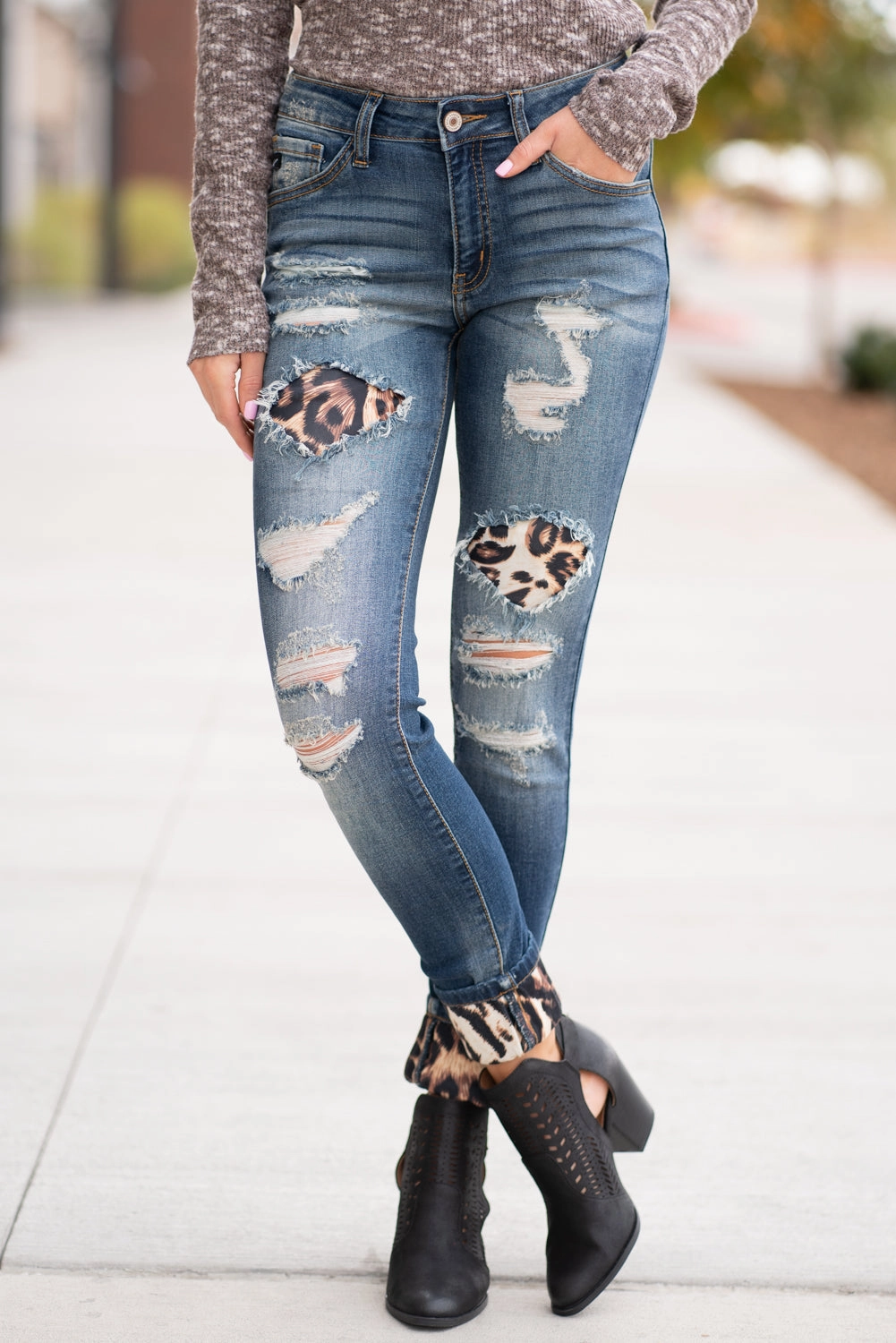 Office Wear Weekend Warrior Trend Setter Acid Wash Effect KanCan Mason Mid Rise Leopard Patch Skinny Jeans Dark Blue Wash