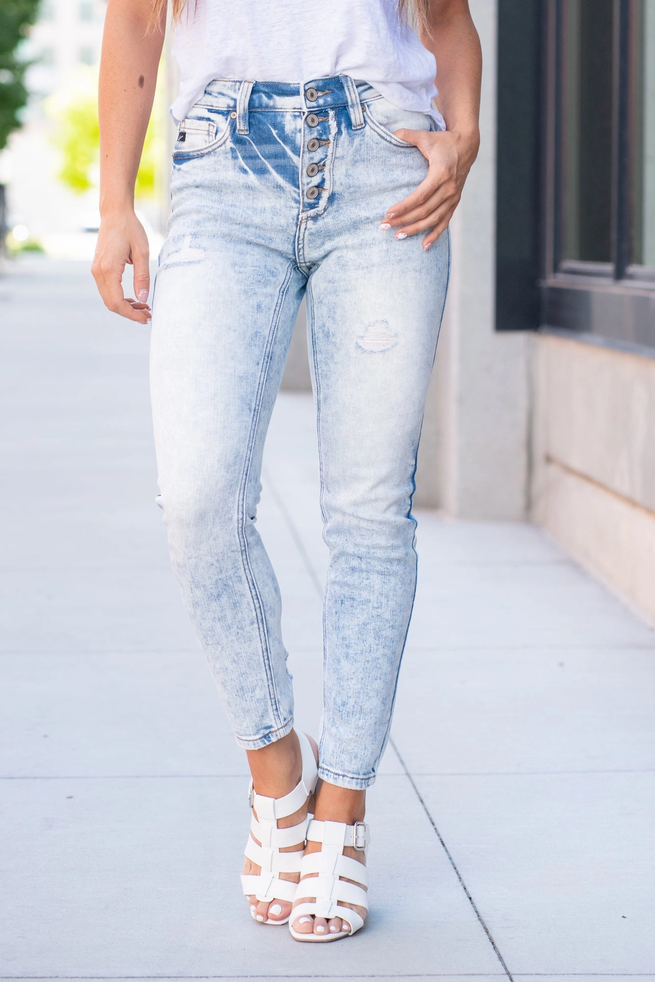 Anti Fade Technology Style Blend KanCan Neenah High Rise Button Fly Ankle Skinny Acid Light Blue Wash