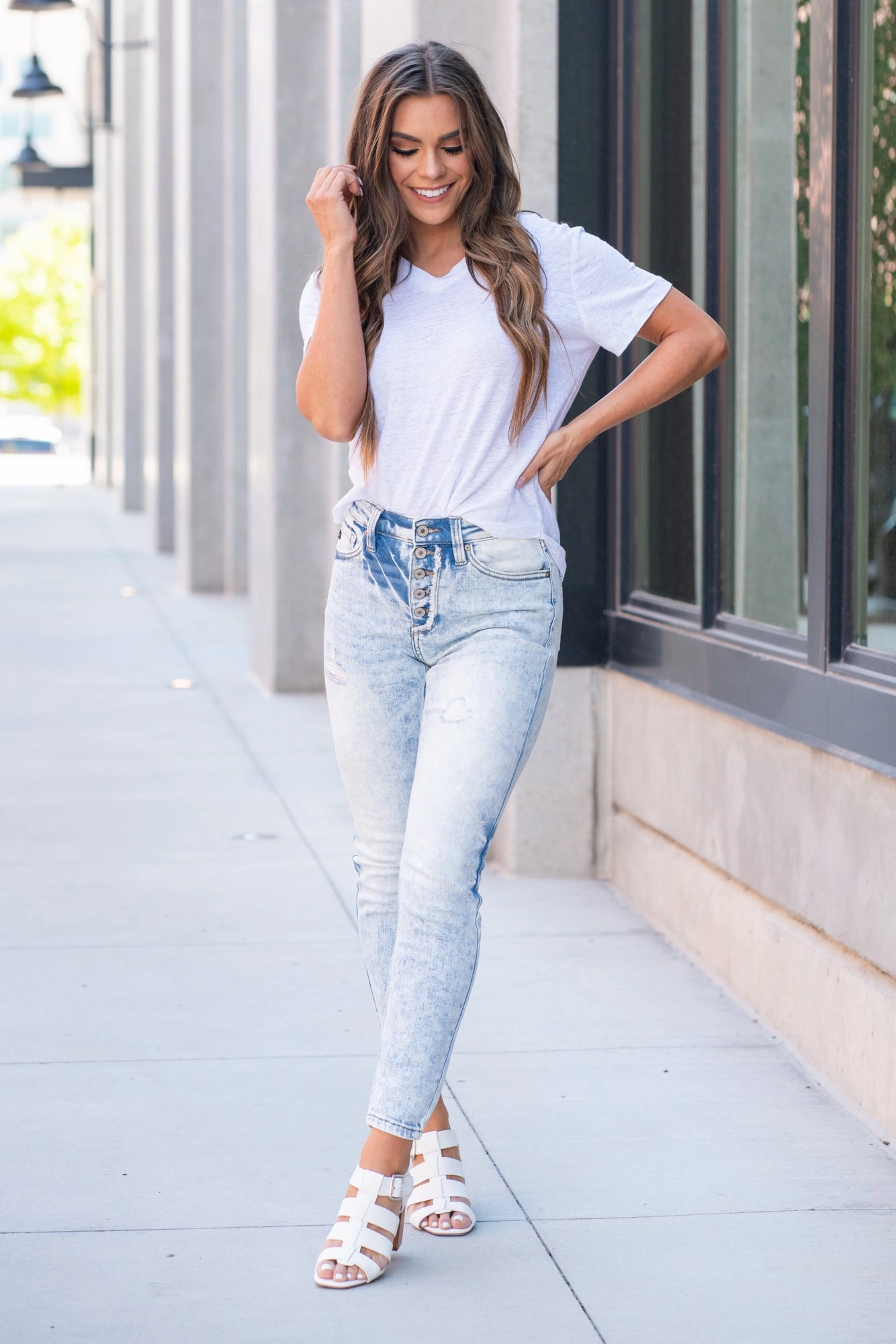 Laidback Style Easy Pairing KanCan Neenah High Rise Button Fly Ankle Skinny Acid Light Blue Wash