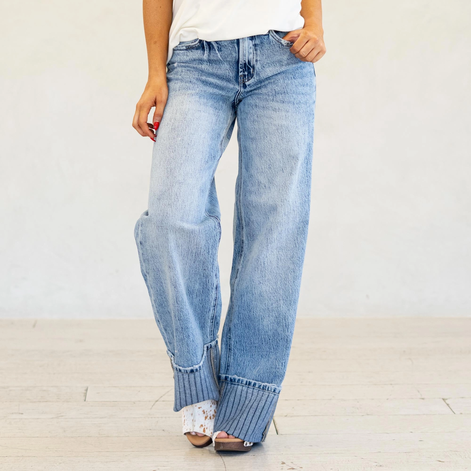 Premium Professional Wear Unisex Wear Reliable Fit KanCan Petal High Rise Cuffed Wide Leg Jeans Medium Blue Wash