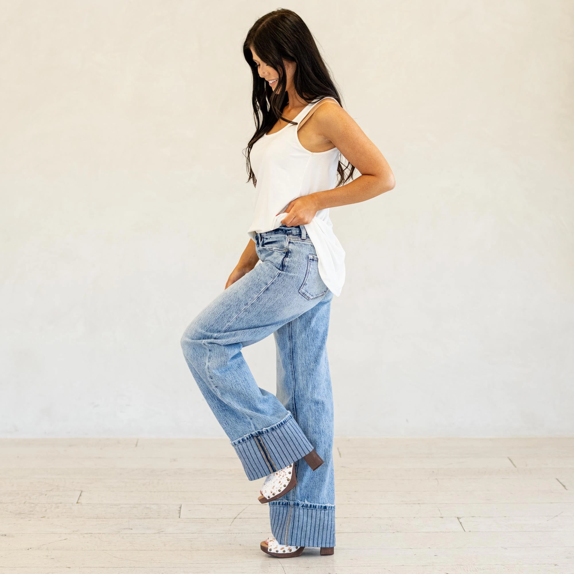 KanCan Petal High Rise Cuffed Wide Leg Jeans Medium Blue Wash Trend Setter Road Trip Casual Premium Cotton Blend