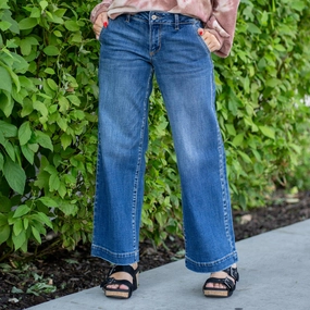 Flattering Waist Design Base Outfit KanCan Petite Tara Mid Rise Trouser Wide Leg Jean Medium Blue