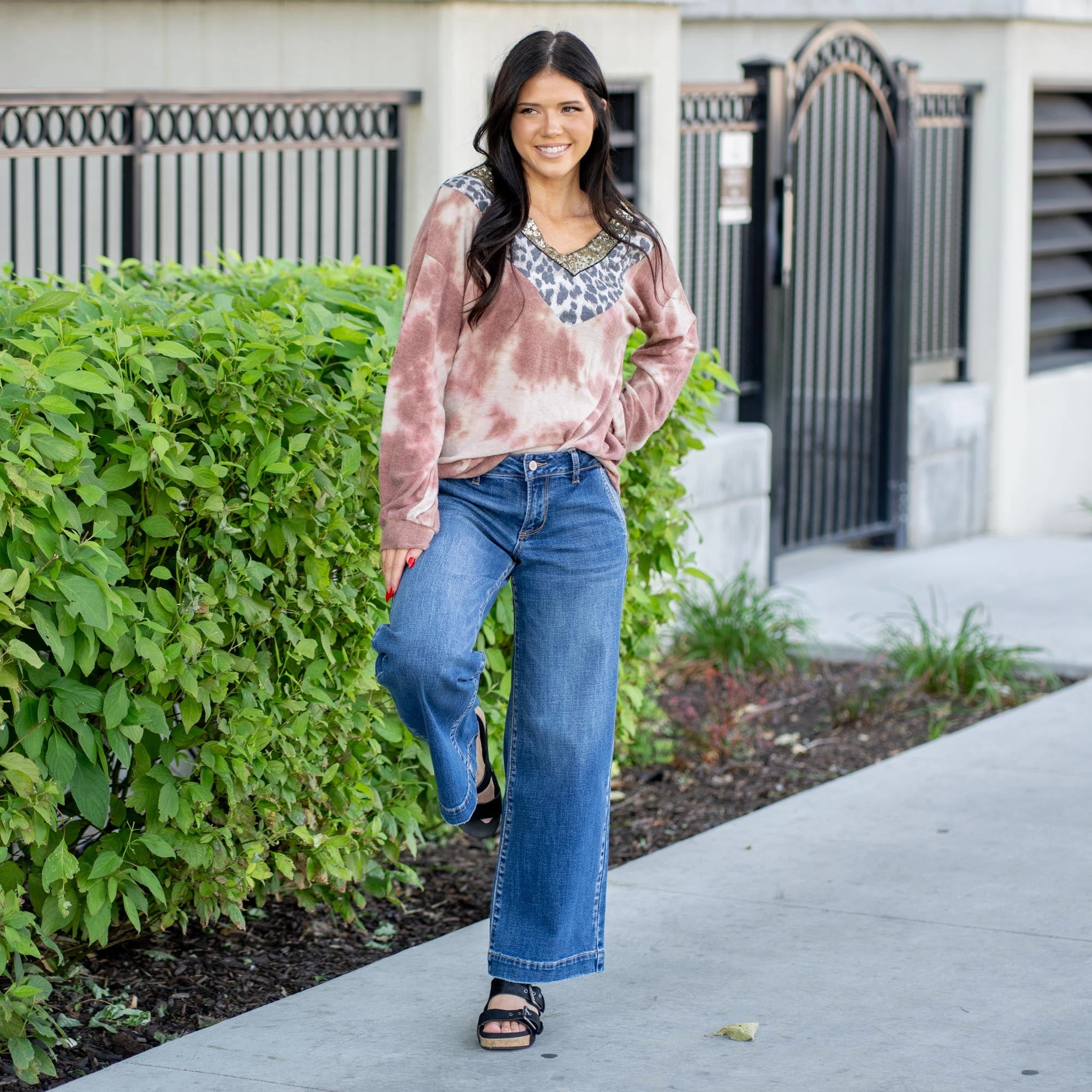 KanCan Petite Tara Mid Rise Trouser Wide Leg Jean Medium Blue City Ready