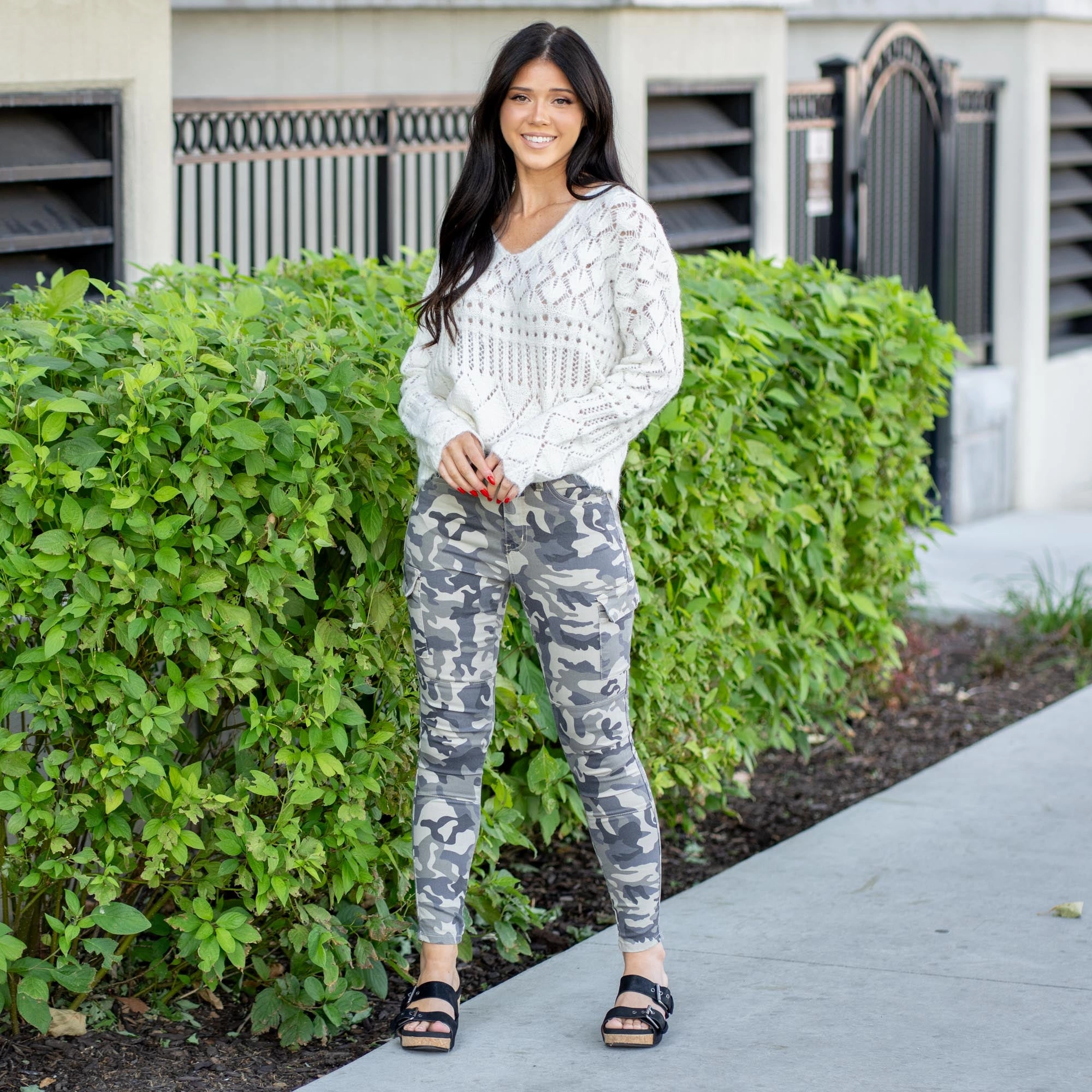 Chic Wear Distressed Details KanCan Stealth Mode Mid Rise Camo Cargo Pants Camouflage Tan