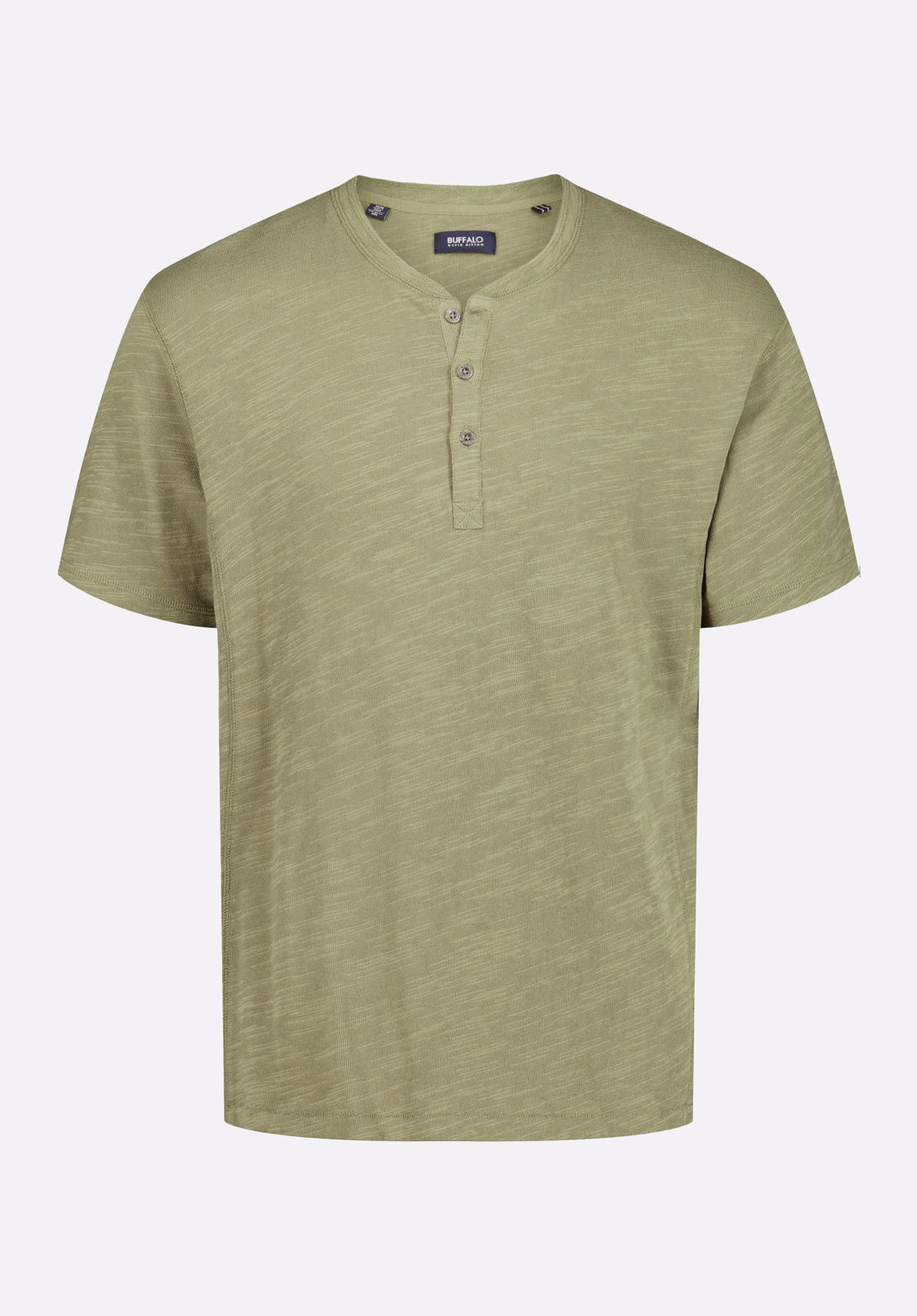 NoTagLabel Kandido Men's Short Sleeve Slub Jersey Relaxed Henley Top, Army Green - BM24605