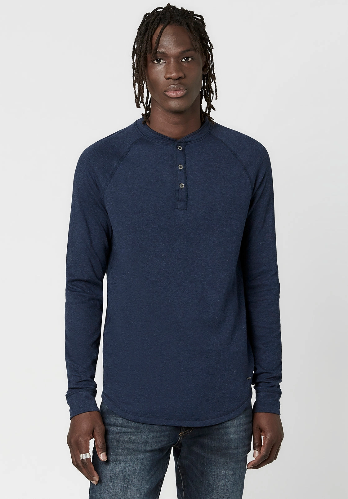 Recycled Polyester Material Street Style Kariver Henley Long Sleeve Henley in Midnight Blue - BM23368
