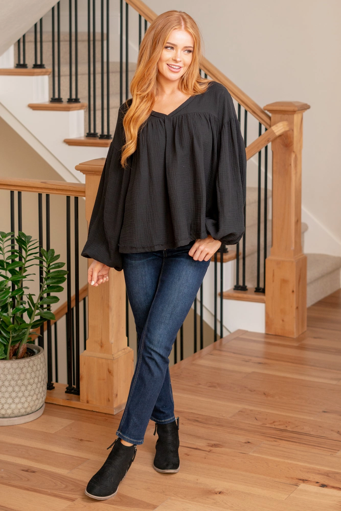 Katherine Shirring Blouse - Black Timeless Fit Non Iron Fabric