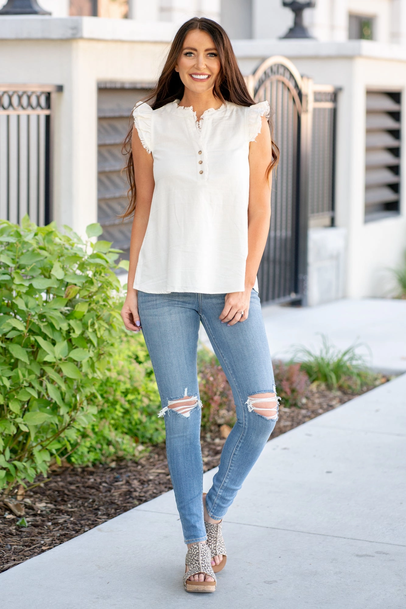 Kenzie Ruffle Shoulder Knit Top - White Affordable Fashion Chill Comfort