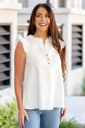 Kenzie Ruffle Shoulder Knit Top - White handmade touch Multipocket Style