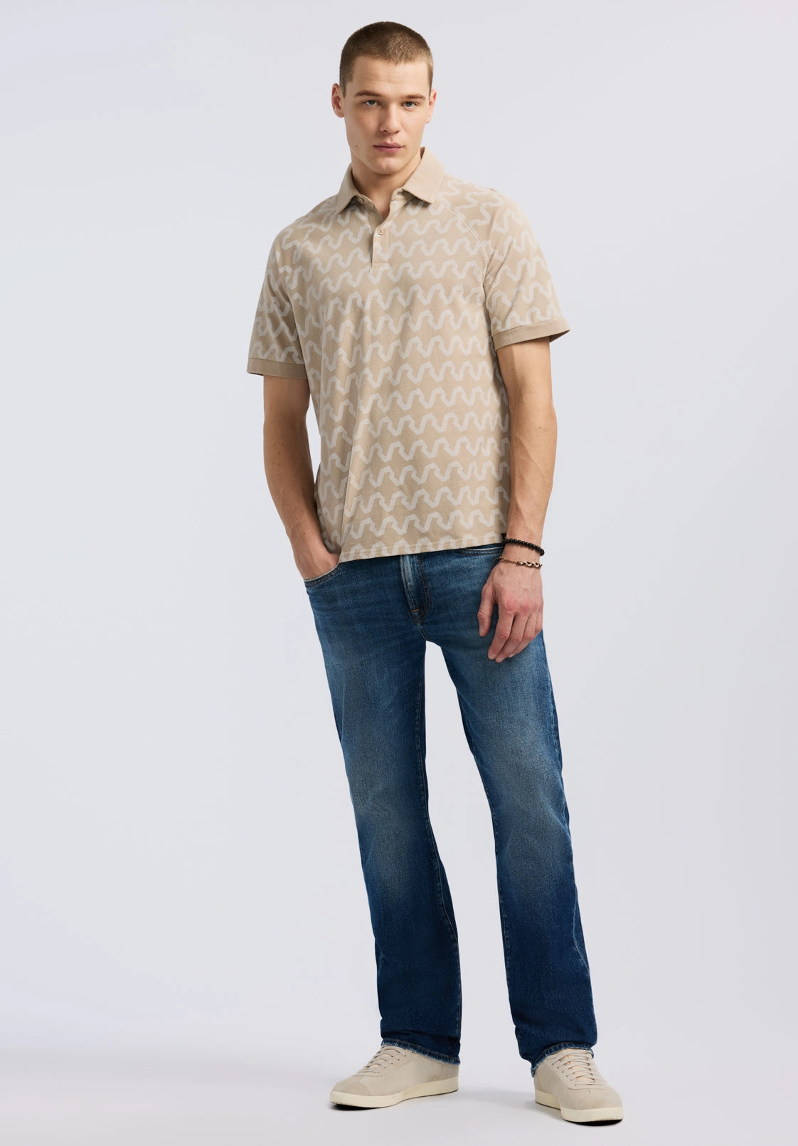 Kindell Men's Short-Sleeve Wave Pattern Polo, Tuffet Beige - BM24531 Soft Touch