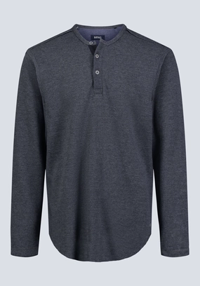 Kipato Men's Long-Sleeve Henley Top, Black - BM24434 Smooth Zipper Integration YarnDye Technique