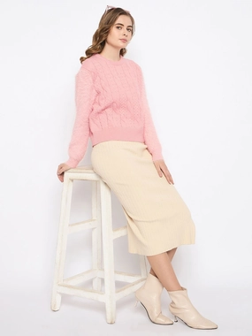 Simple Warmth Comfy and Stylish Madame Cable Knit Solid Peach Sweater