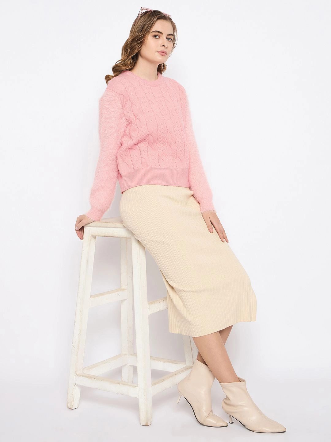 Simple Warmth Comfy and Stylish Madame Cable Knit Solid Peach Sweater