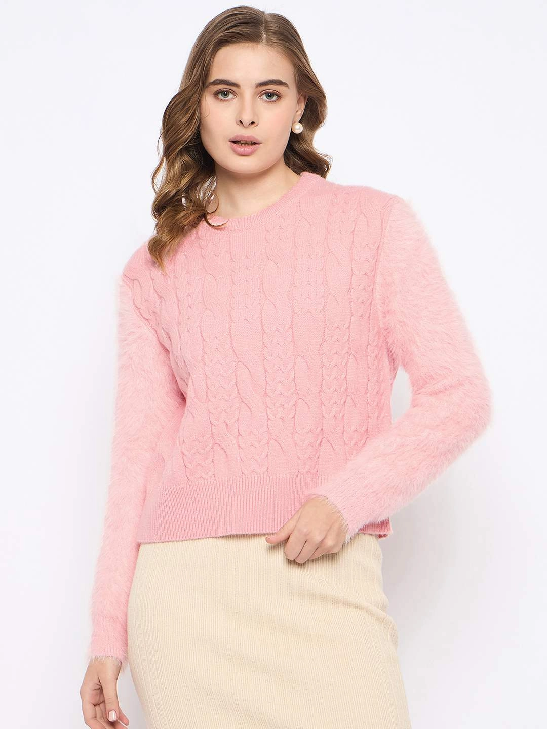 Curved Hemline Chill Flex Madame Cable Knit Solid Peach Sweater