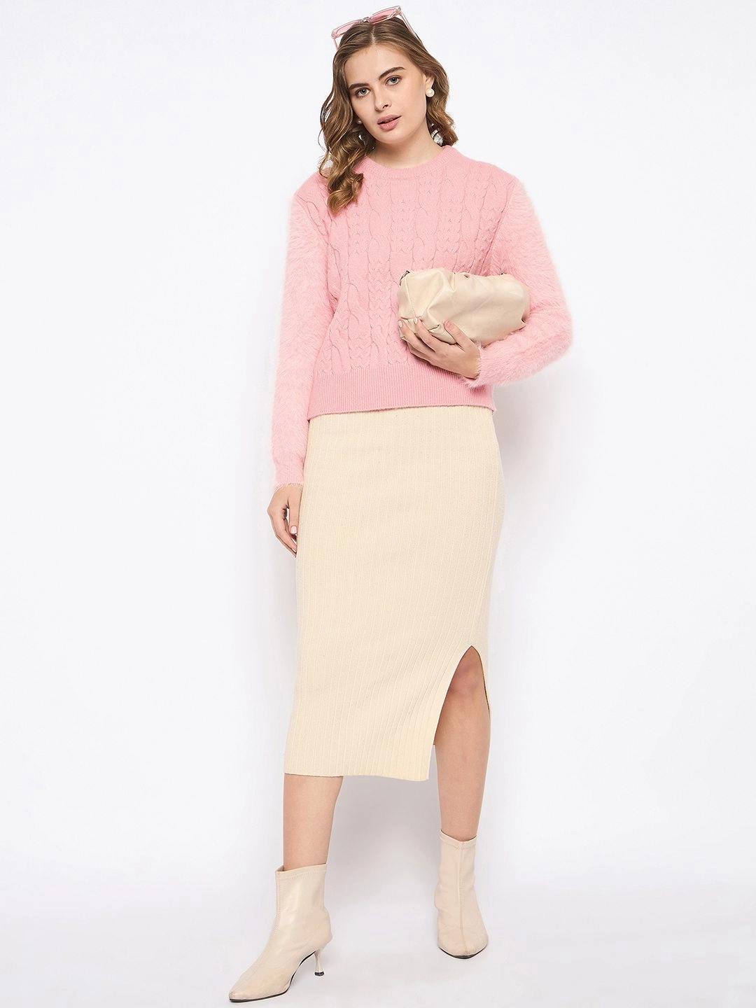 Madame Cable Knit Solid Peach Sweater Comfy Vibe Chilly Weather Fashion
