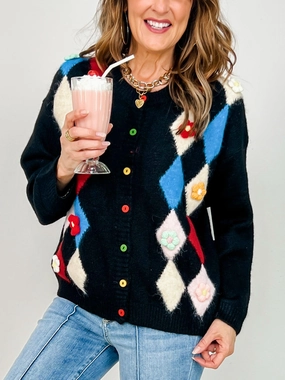 Snuggle Comfort Chilly Look Pointed Diamond Pattern Cardigan Top with Colorful Buttons