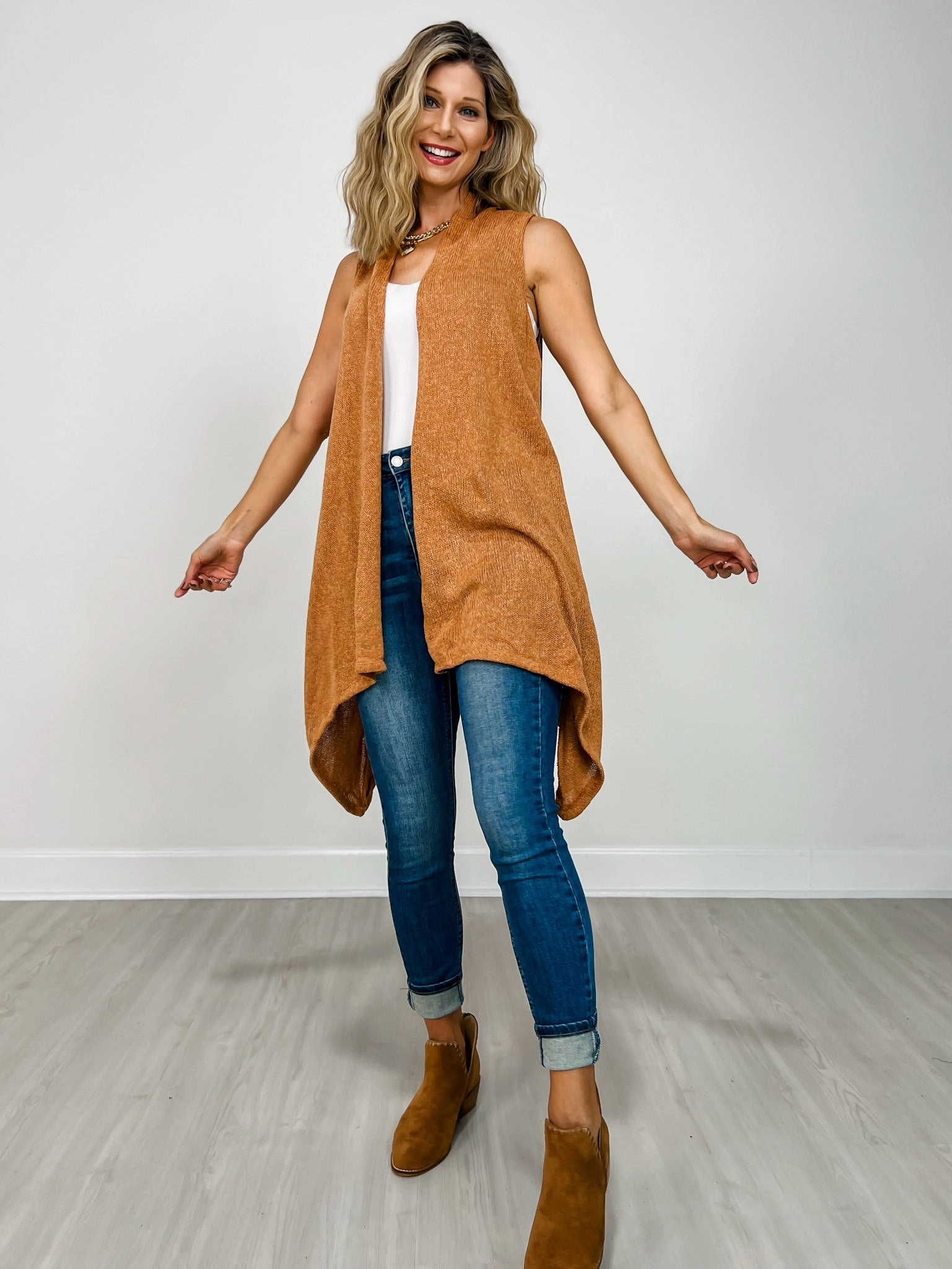 Front Drape Open Front Sleeveless Knit Vest in TOFFEE Temperature Regulating Fabric Winter Essential