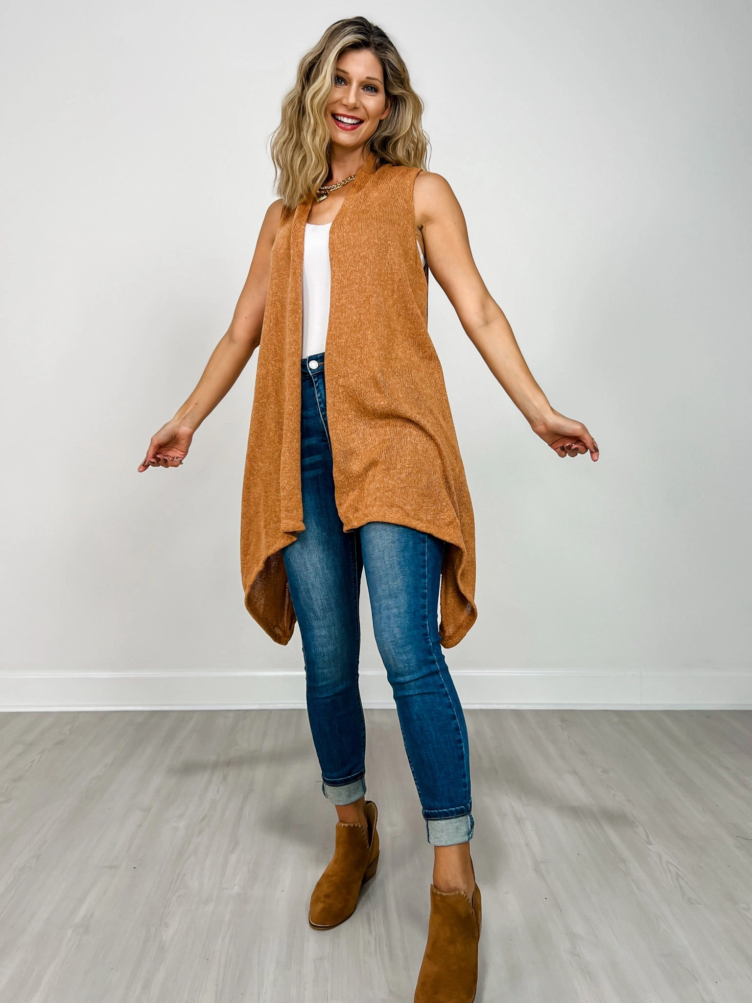 Front Drape Open Front Sleeveless Knit Vest in TOFFEE Cozy And Warm