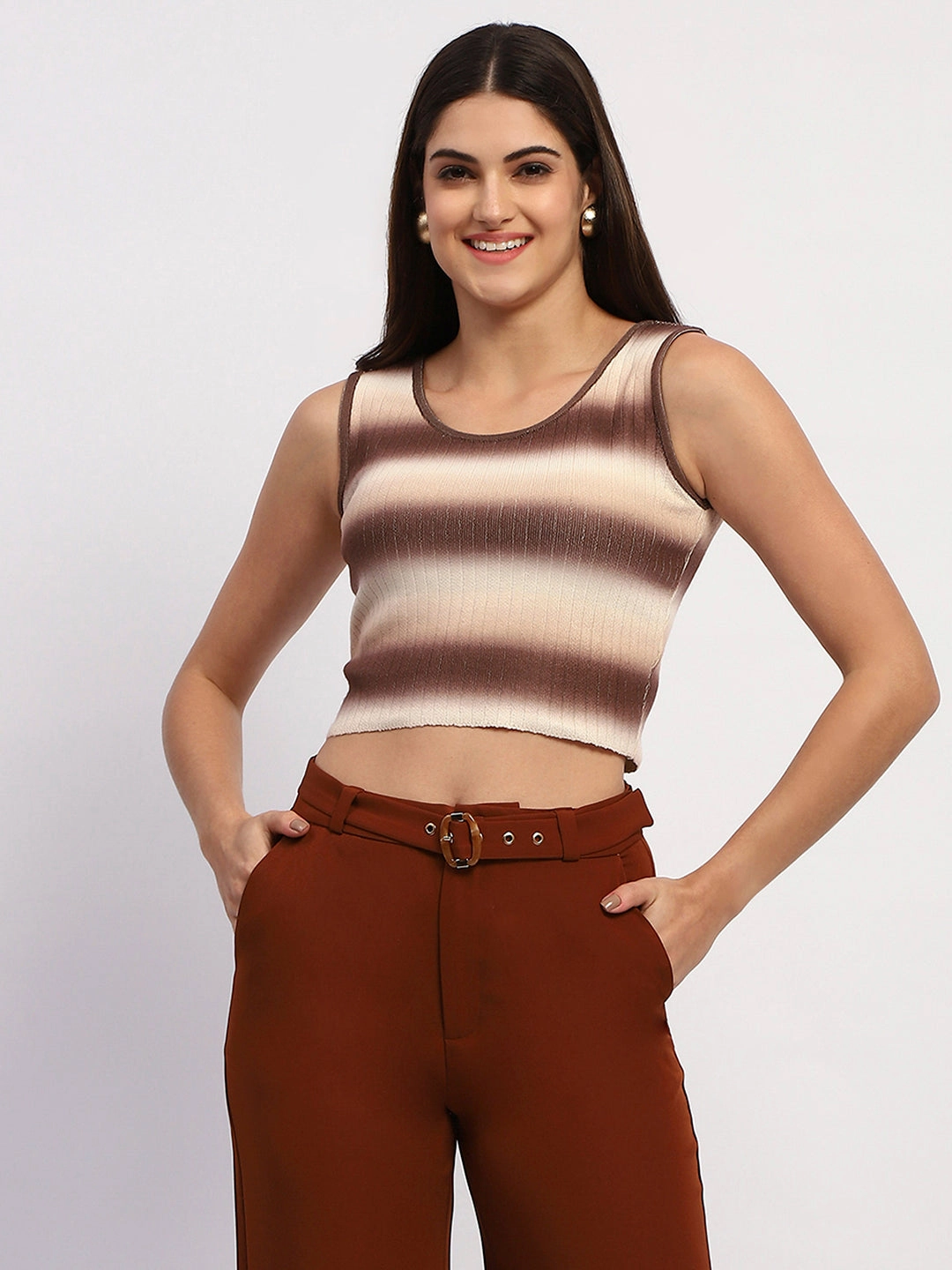 Minimalist Style Soft Touch Madame Striped Sleeveless Cotton Brown Crop Sweater