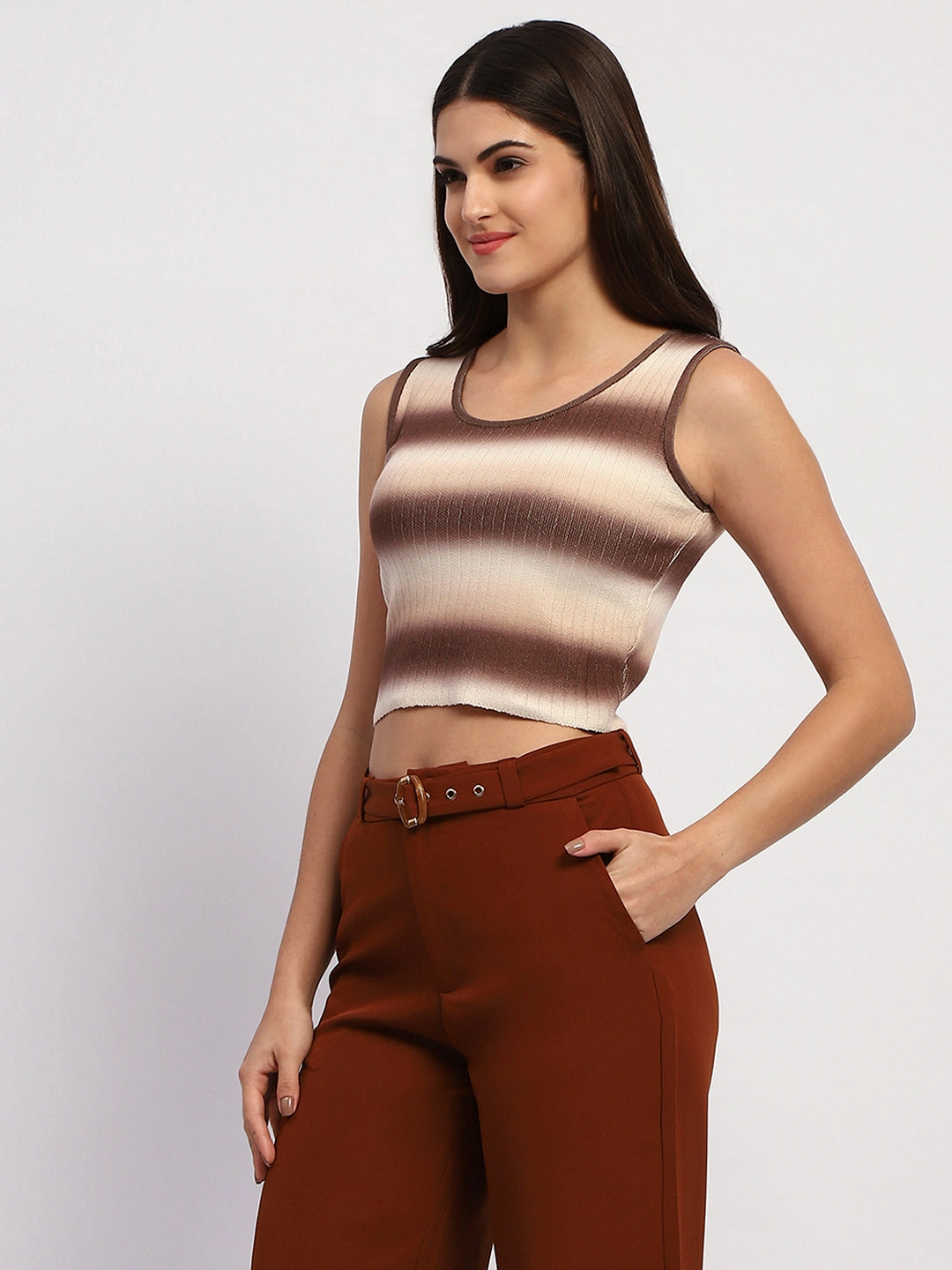 Madame Striped Sleeveless Cotton Brown Crop Sweater Flex Knit Ribbing