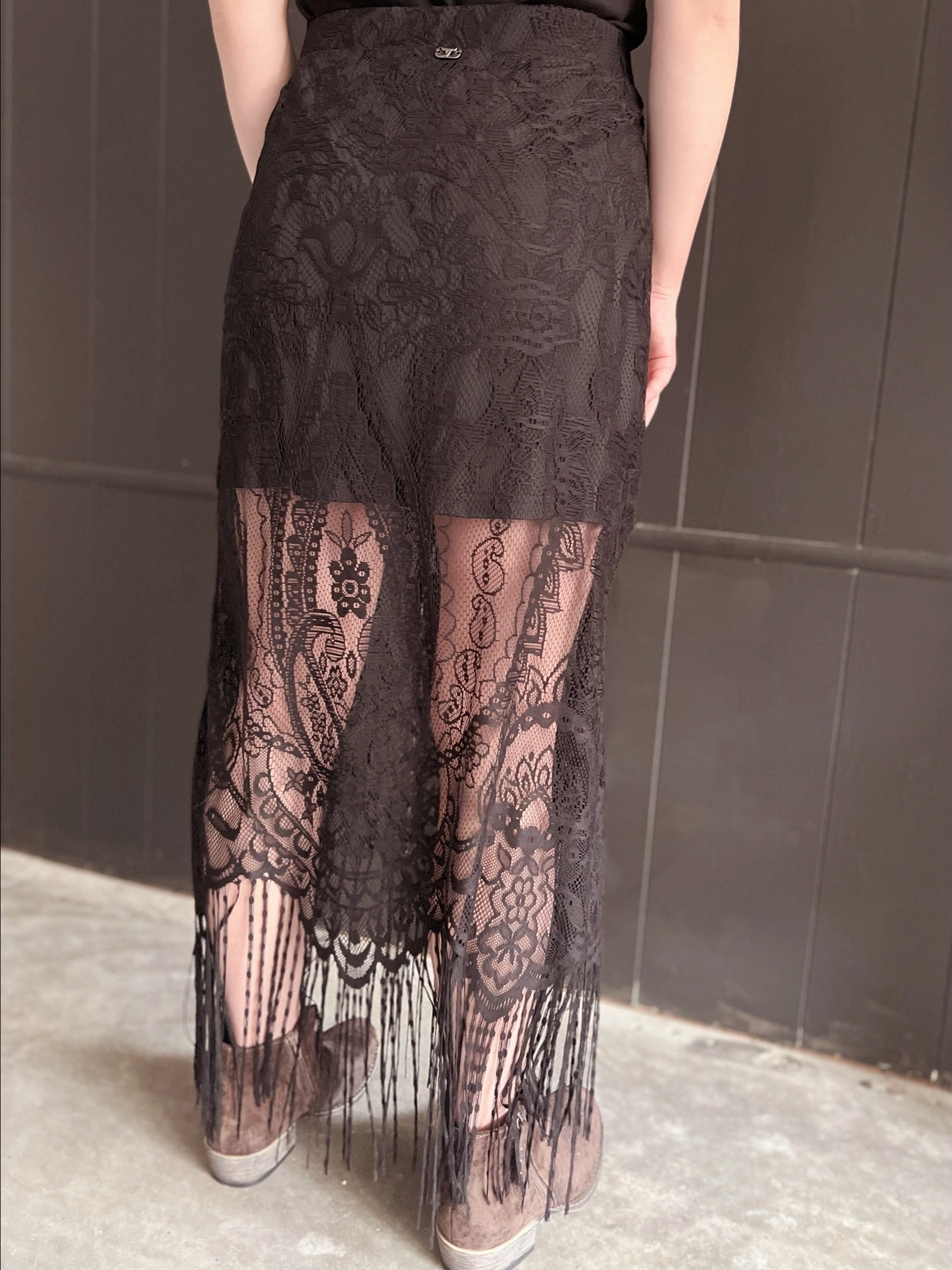 L&B Black Lace Lined Long Skirt With Frayed Hem Urban Cool Anti Bacterial Treatment