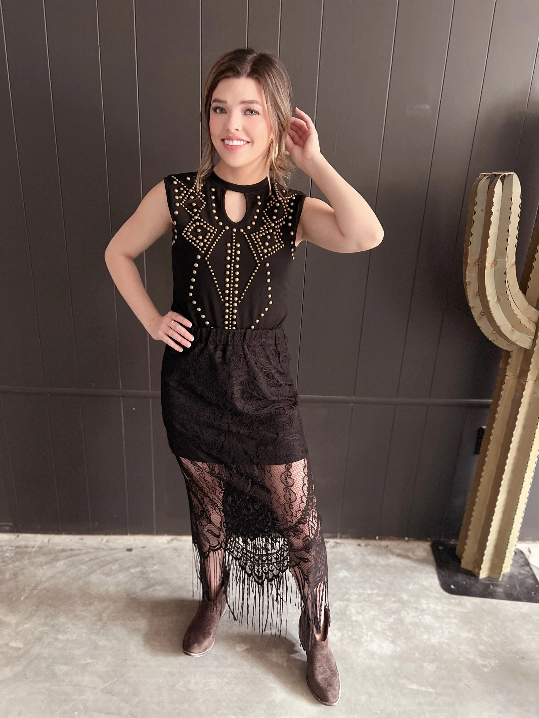 L&B Black Lace Lined Long Skirt With Frayed Hem Comfy Cut