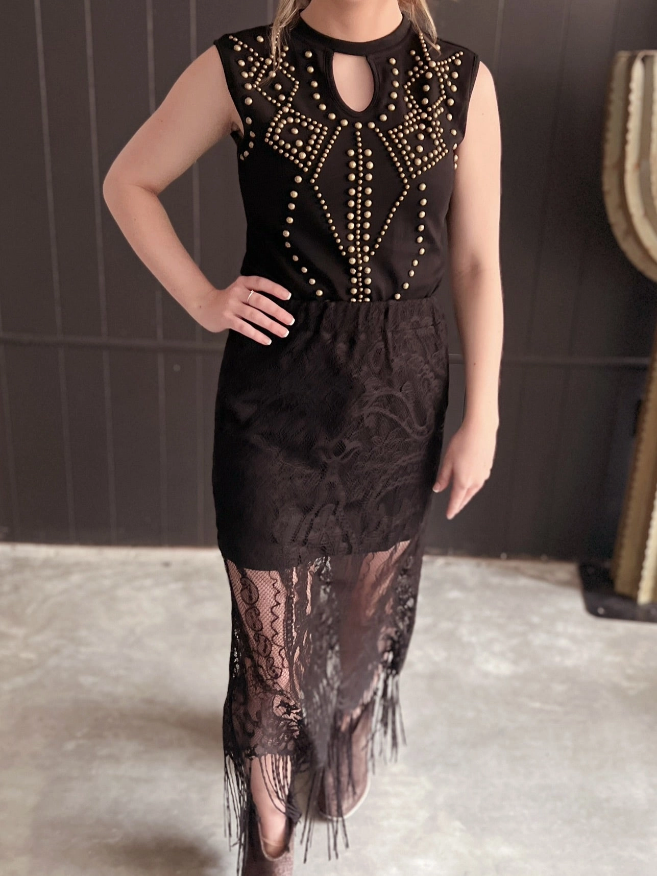 L&B Black Lace Lined Long Skirt With Frayed Hem Low Profile Waistband Performance Design Fit