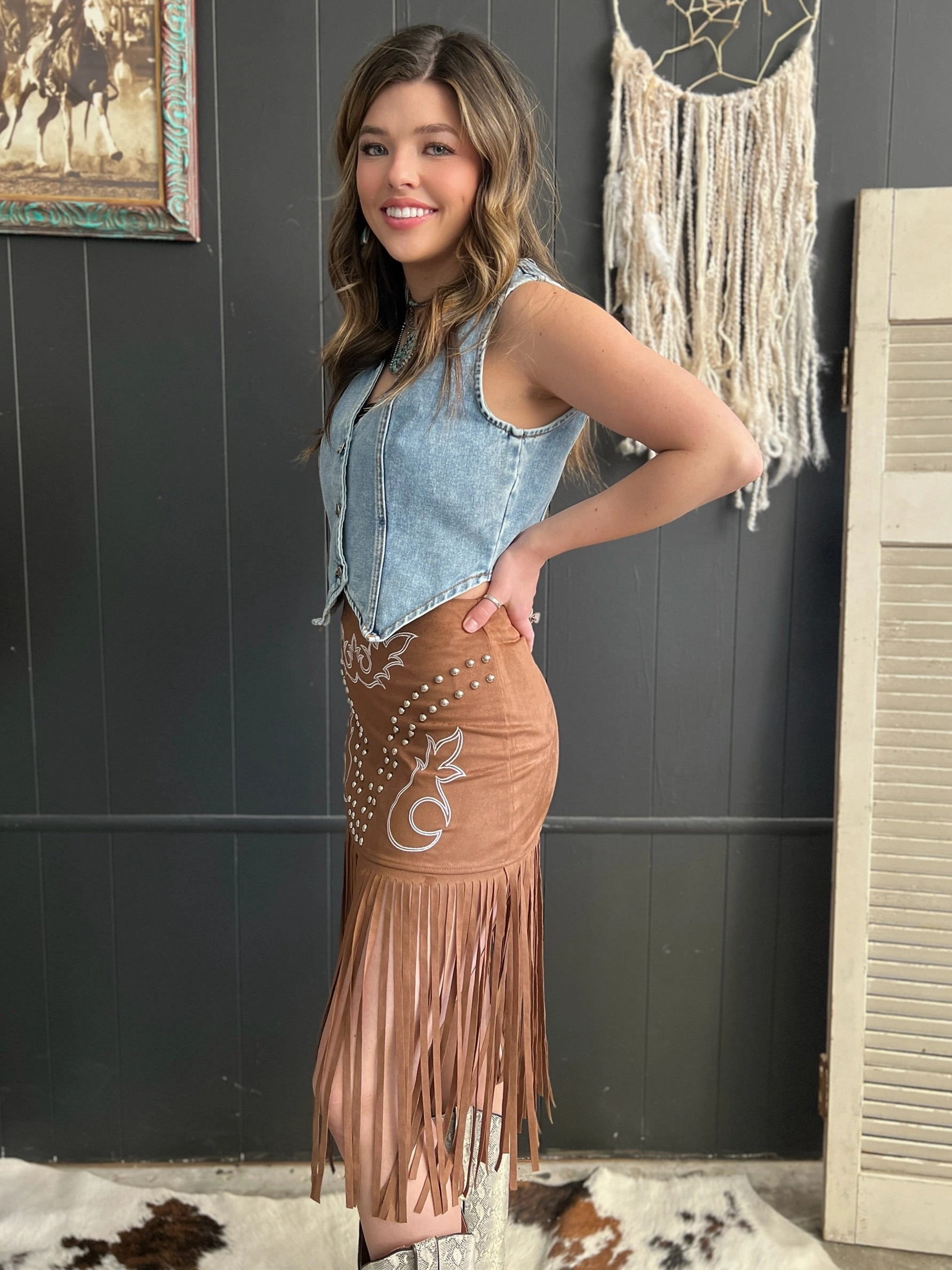 Vintage Wash L&B Brown Western Boot Stitch Embroidered Studded Suede Fringe Skirt