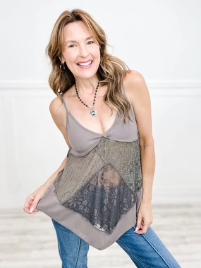 Lace Contrast Shark Bite Tank Top with Adjustable Straps FlexibleWaistband AllSeason Wearability