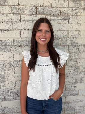 Circular Knit White Eyelet Embroidered Ruffled Flutter Sleeve Top