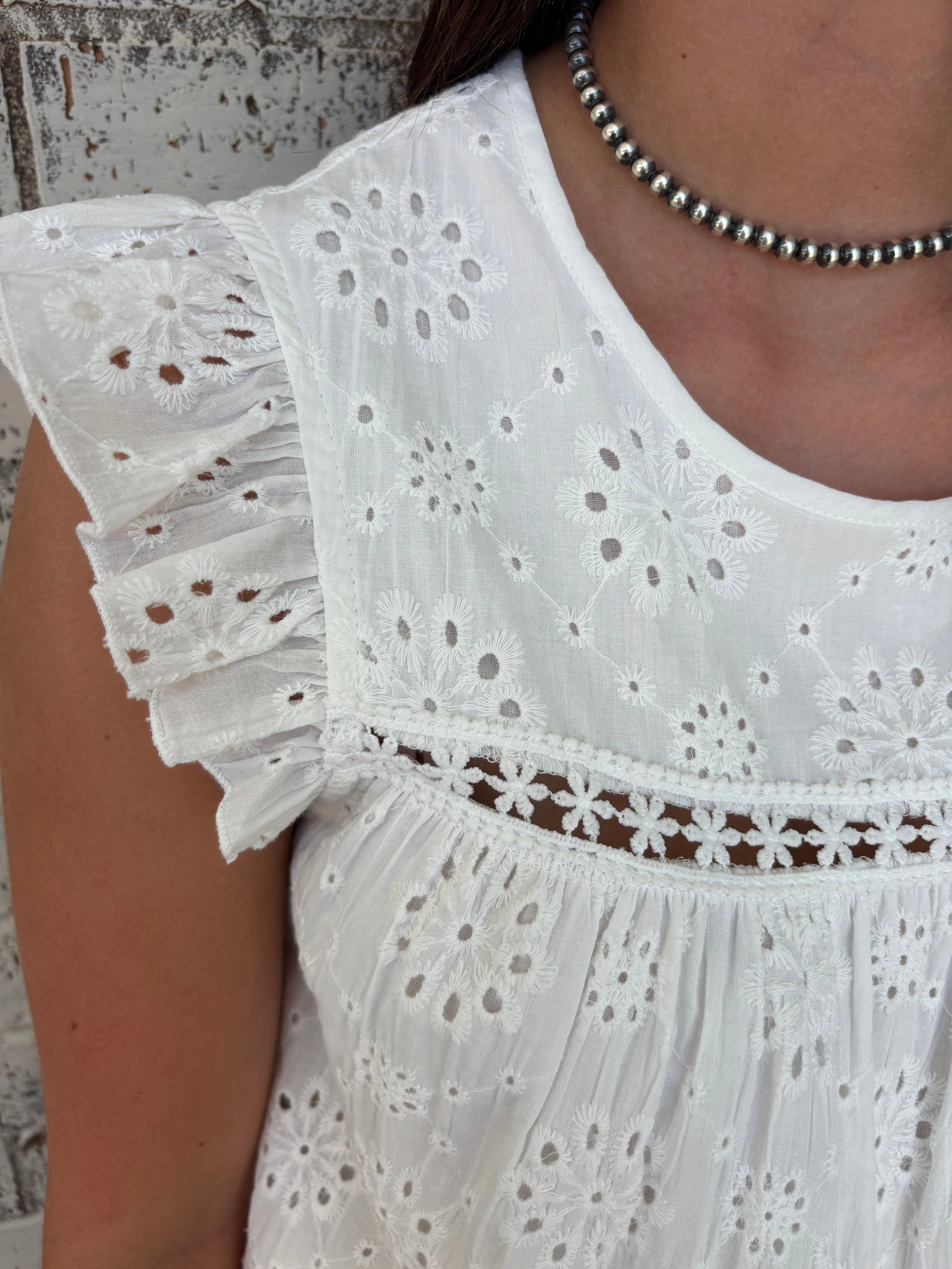 White Eyelet Embroidered Ruffled Flutter Sleeve Top Outdoor Apparel Active Design