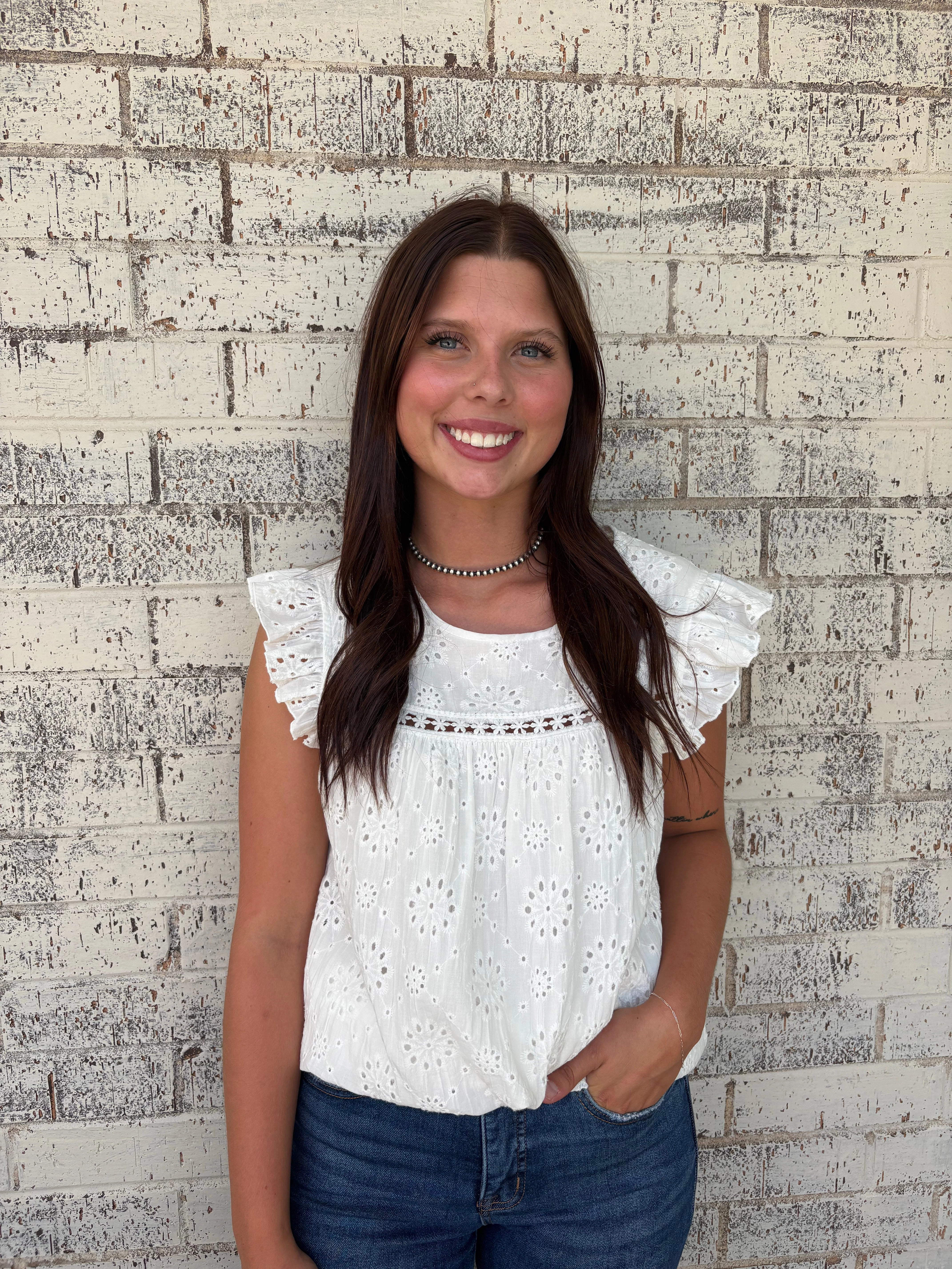 Circular Knit White Eyelet Embroidered Ruffled Flutter Sleeve Top