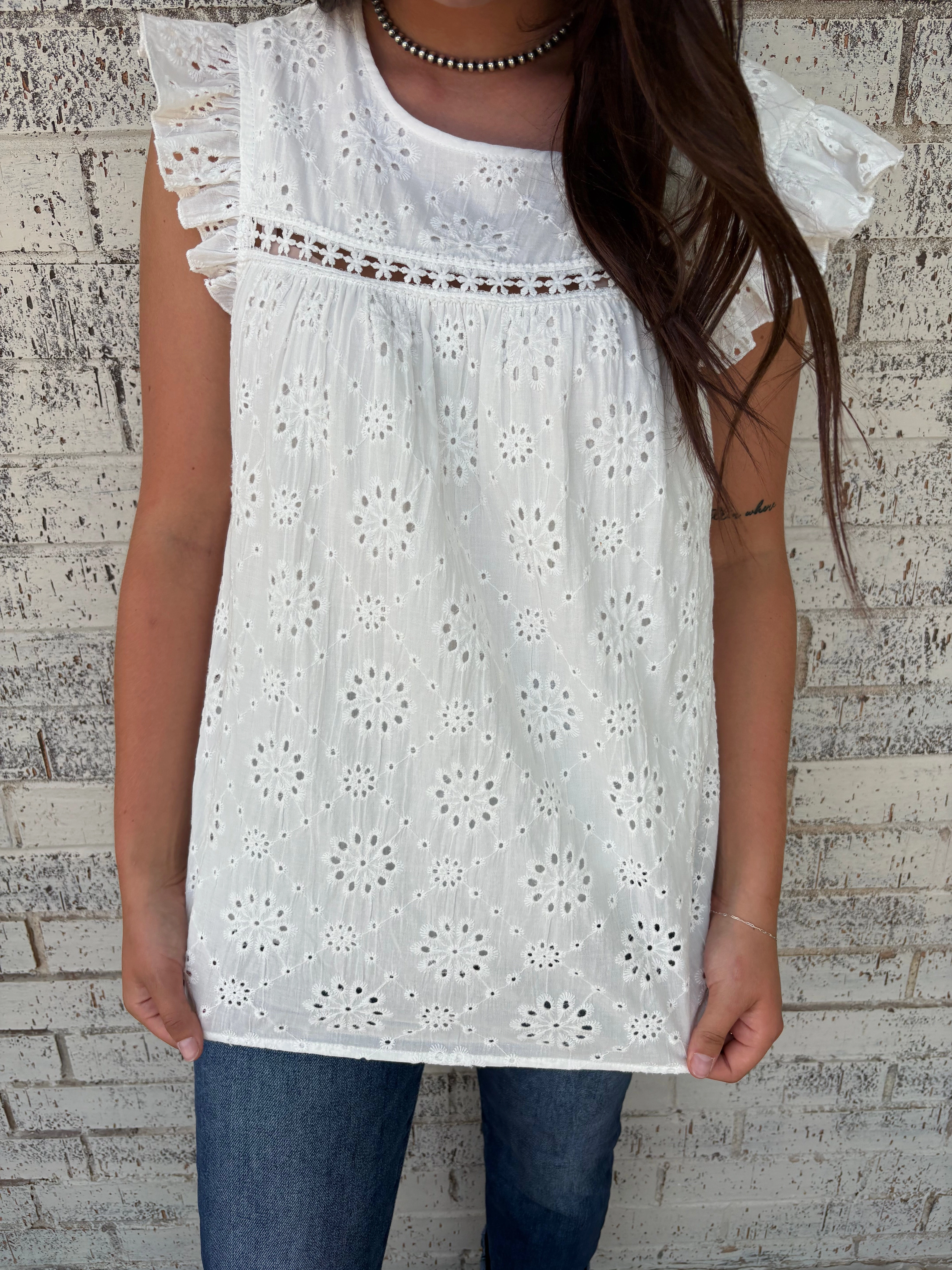White Eyelet Embroidered Ruffled Flutter Sleeve Top OdorControl Technology