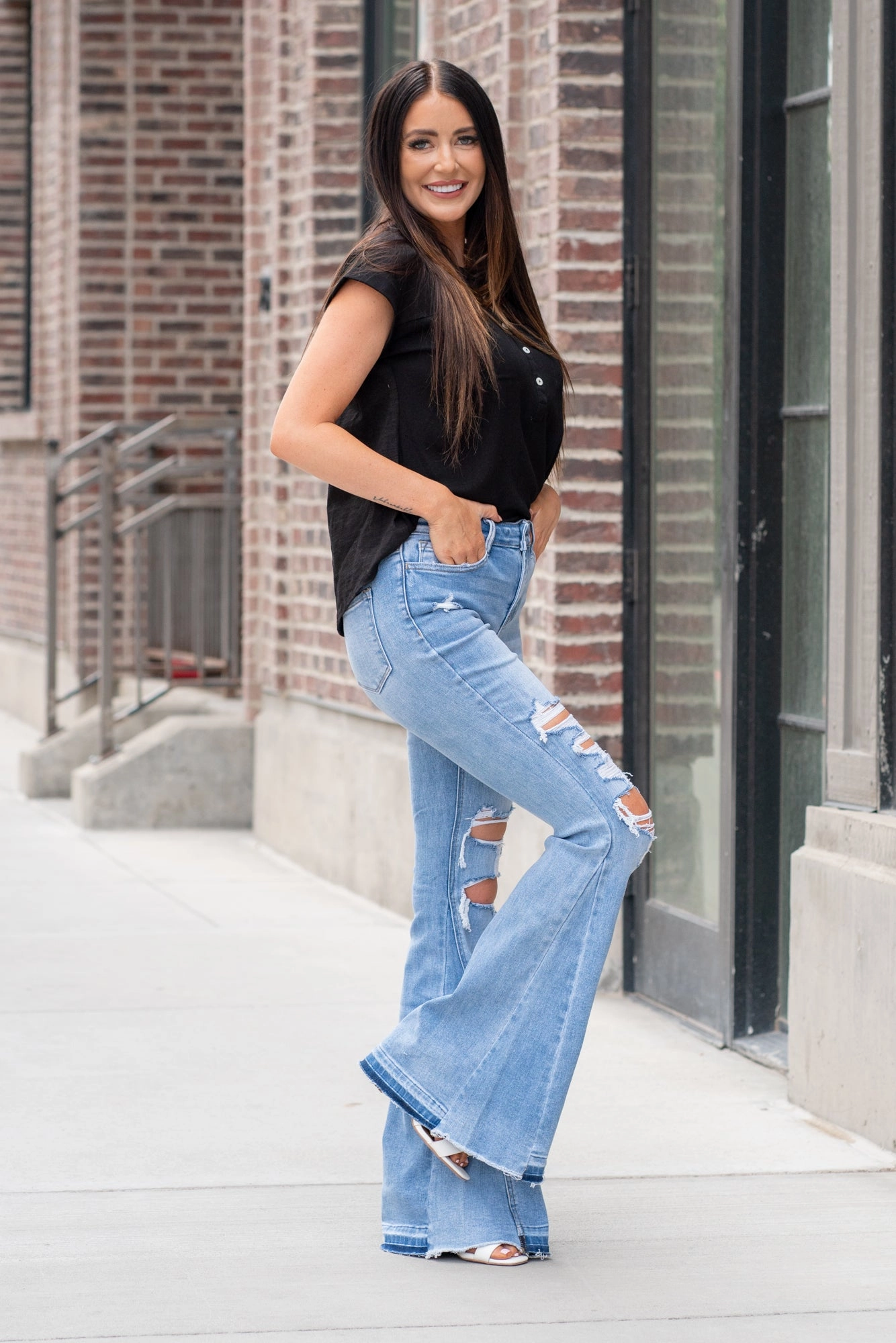 Year Round Piece Last Reel Distressed High Rise Flare